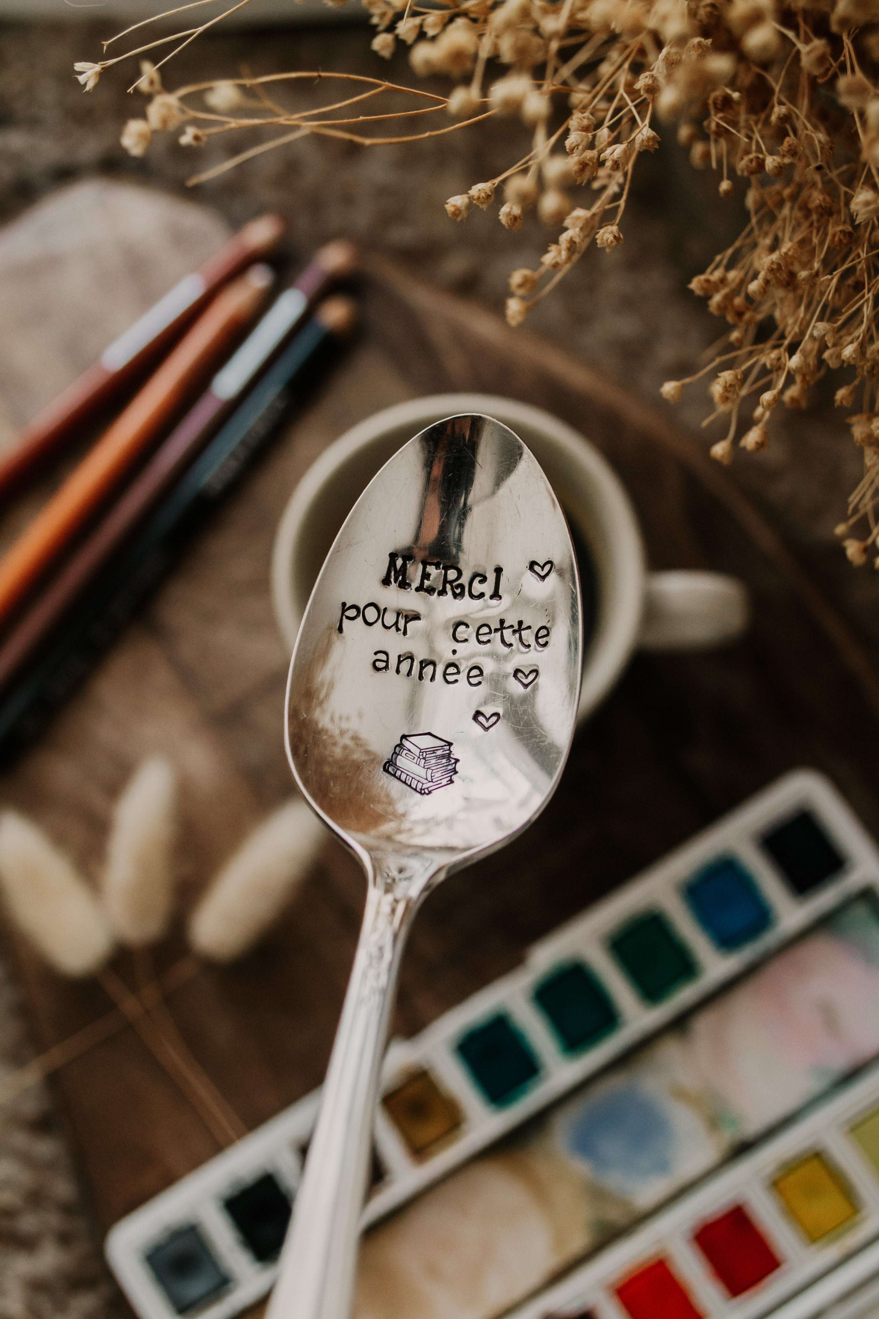 Cuillère "MERCI pour cette année" - sous le sable design - grisbleu