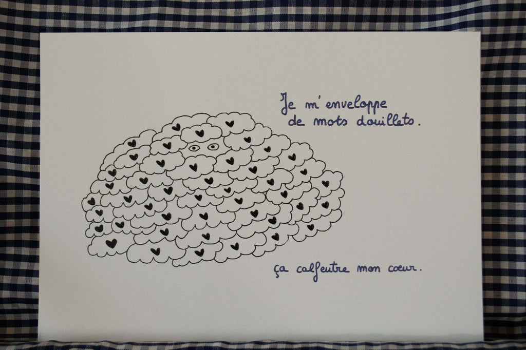 Affiche poétique "Je m'enveloppe de mots douillets." - Grisbleu - sous le sable design - grisbleu