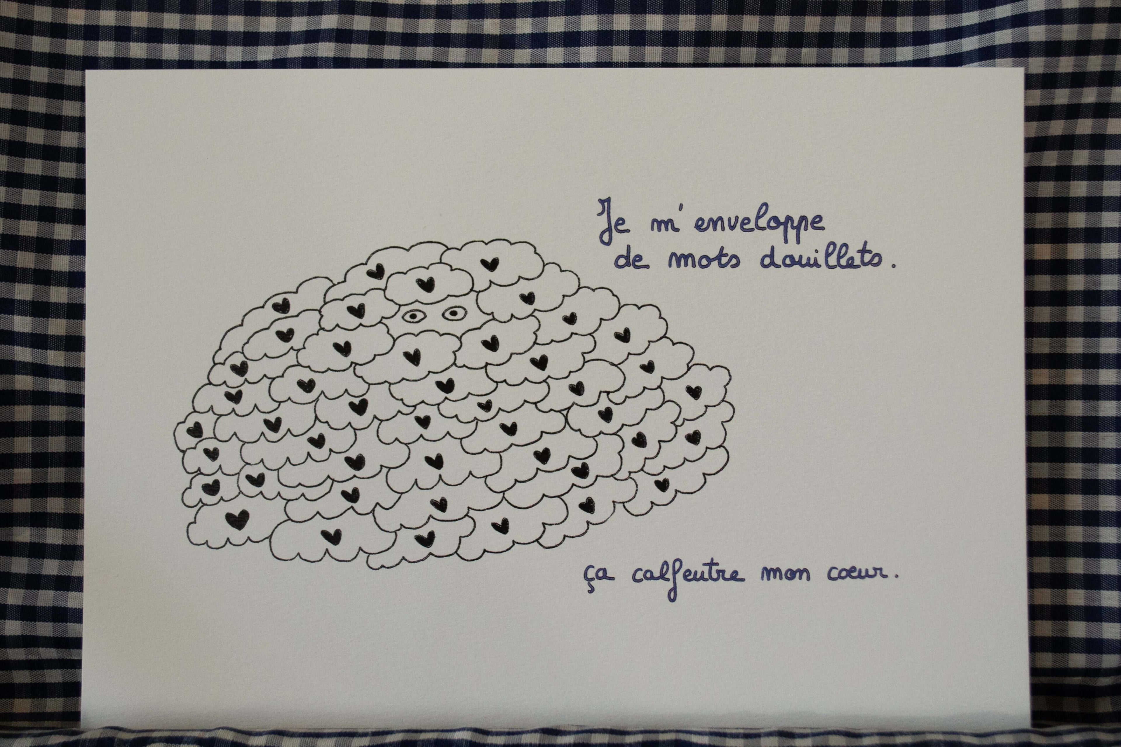 Affiche poétique "Je m'enveloppe de mots douillets." - Grisbleu - sous le sable design - grisbleu