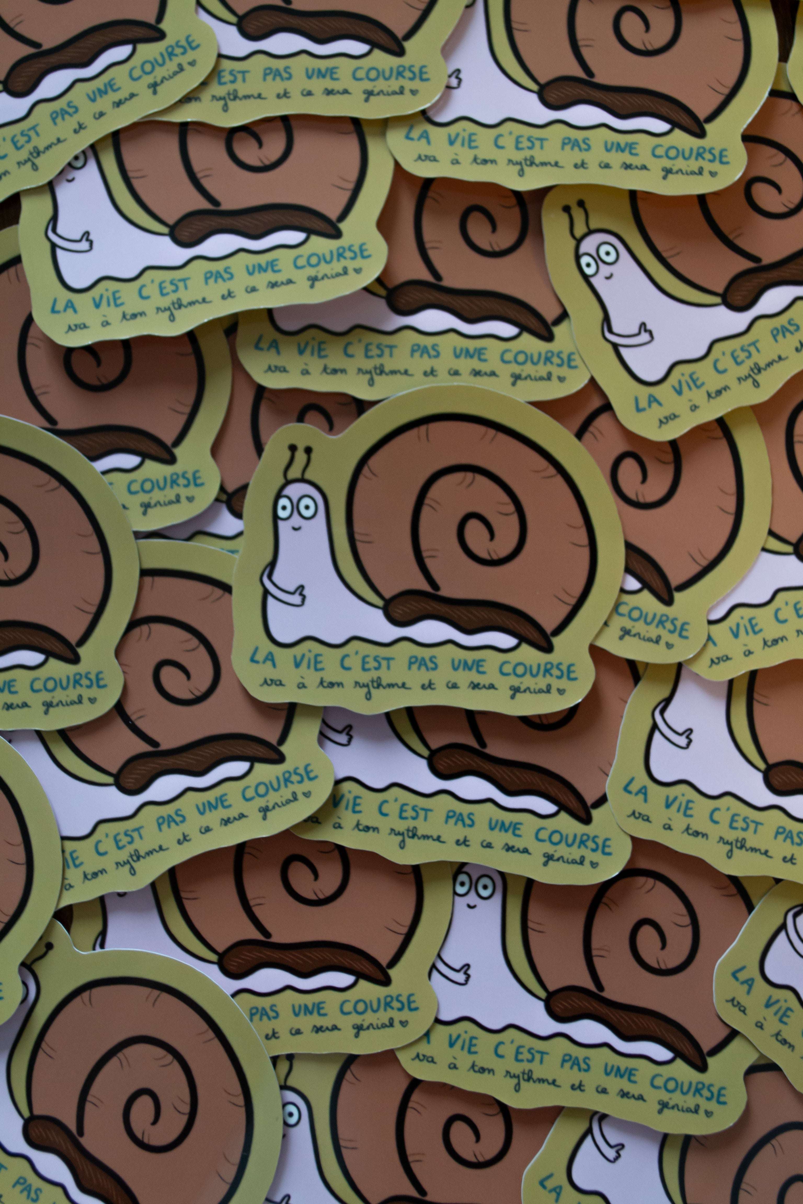 Autocollant escargot qui dit "la vie c'est pas une course. Va à ton rythme et ce sera génial"