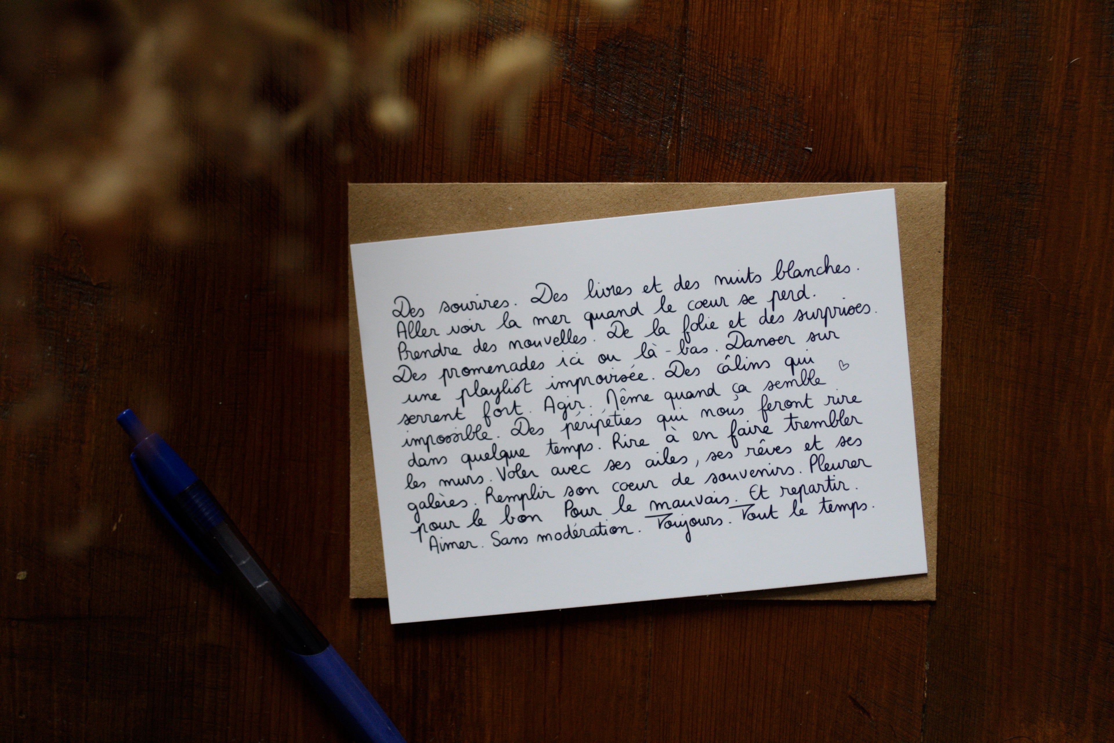 Carte «  Aimer. Sans modération. Toujours. Tout le temps. »