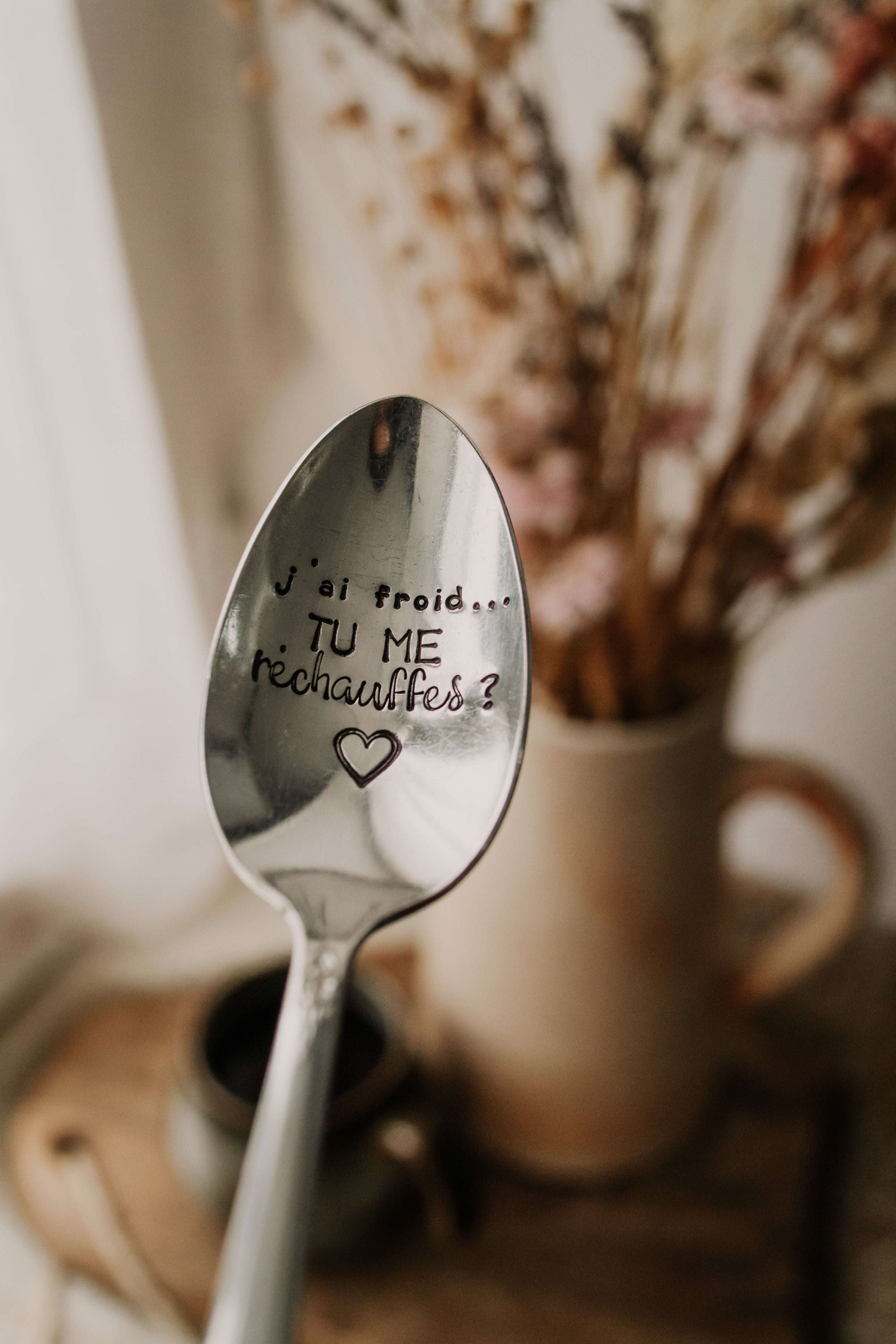 Cuillère "j'ai froid ... tu me réchauffes ?" - sous le sable design - grisbleu