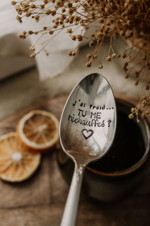 Cuillère "j'ai froid ... tu me réchauffes ?" - sous le sable design - grisbleu