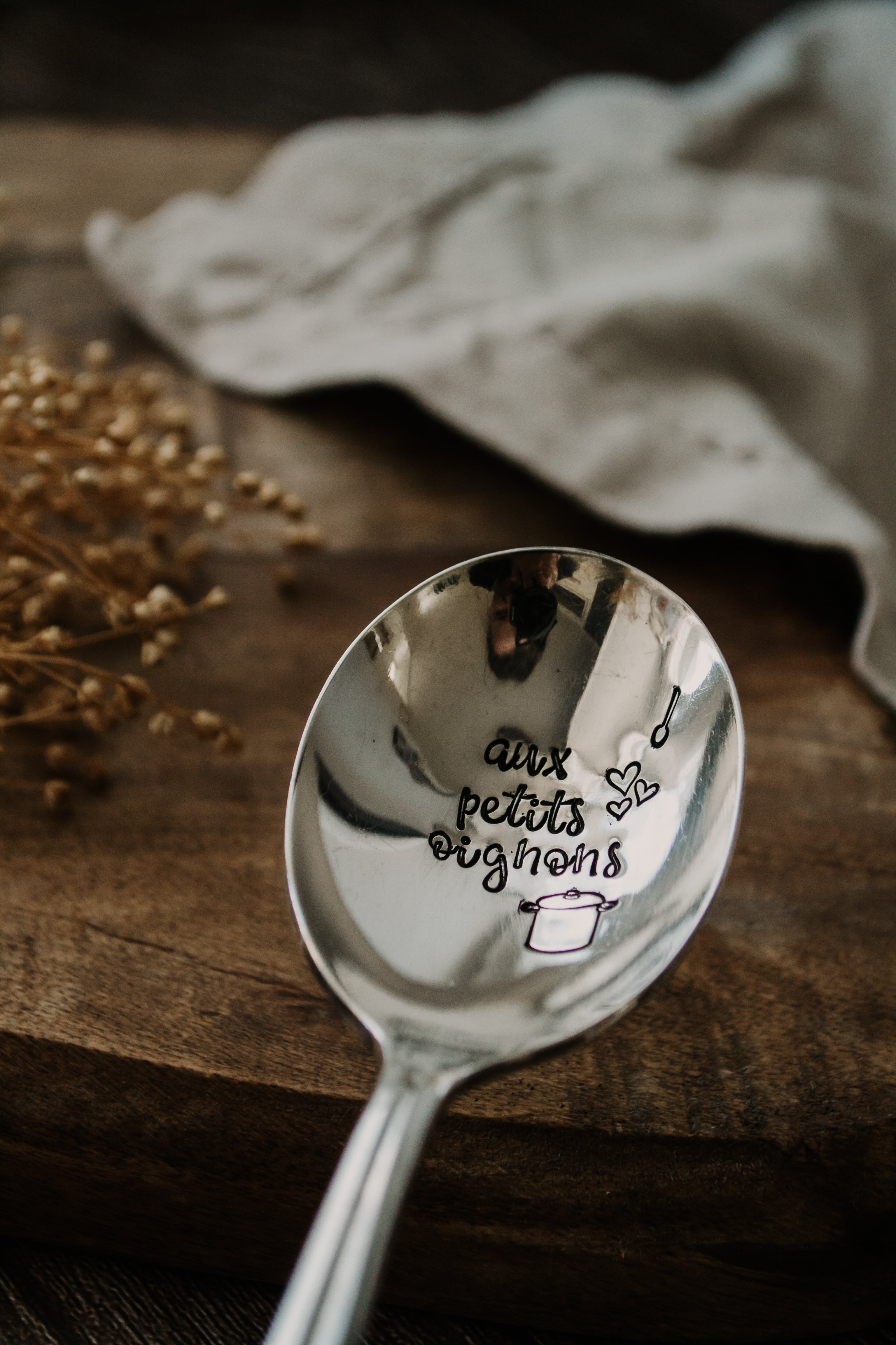 Cuillère atypique "aux petits oignons" - sous le sable design - grisbleu