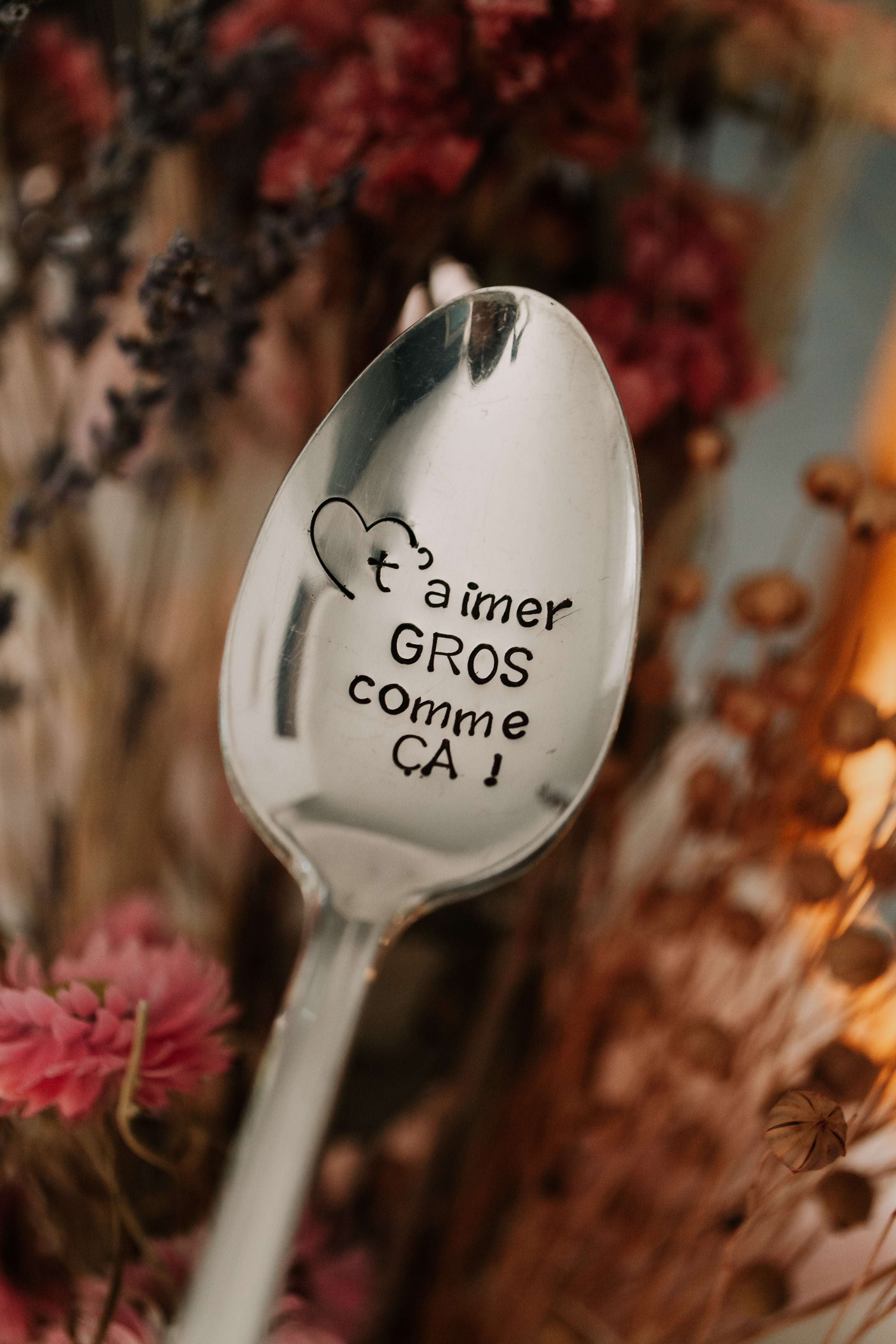 Cuillère "t'aimer GROS comme CA" - sous le sable design - grisbleu