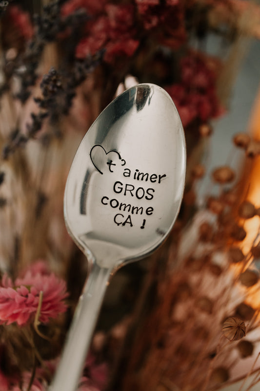 Cuillère "t'aimer GROS comme CA" - sous le sable design - grisbleu