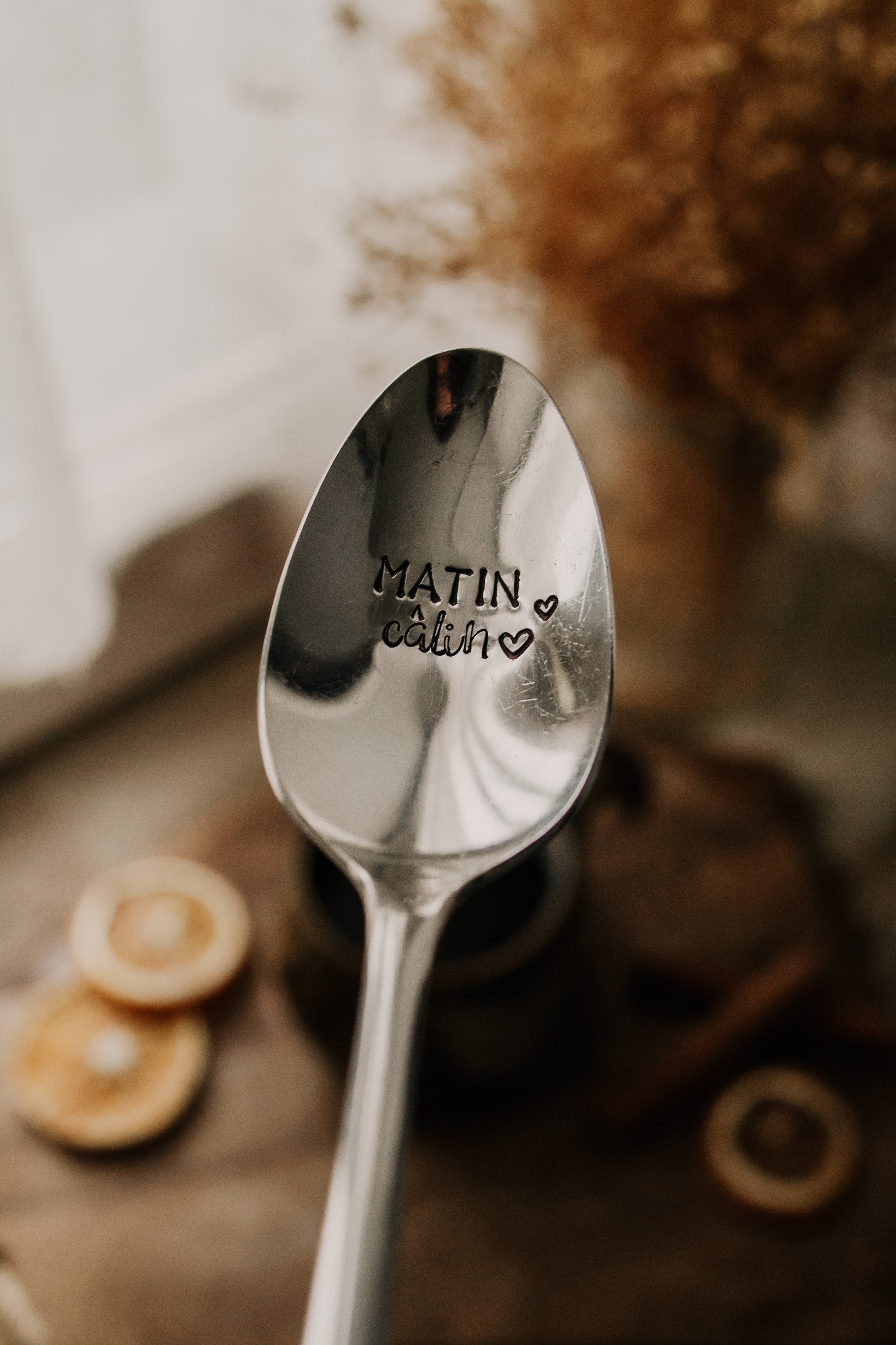 Cuillère "MATIN câlin" - sous le sable design - grisbleu