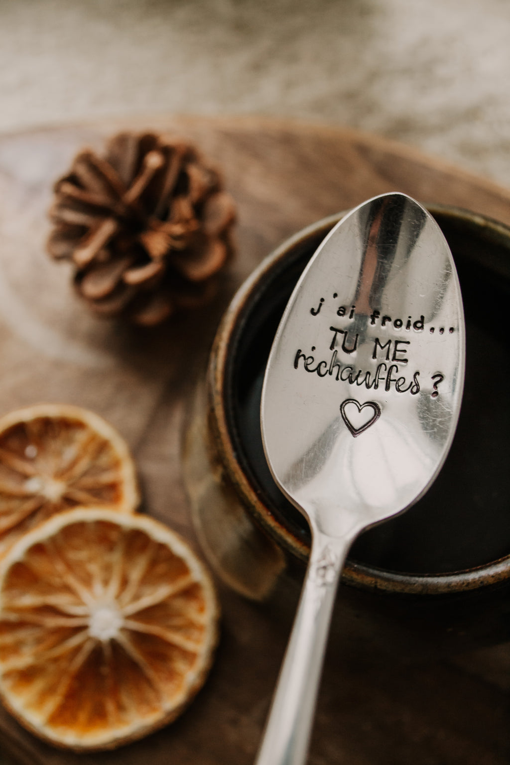 Cuillère "j'ai froid ... tu me réchauffes ?" - sous le sable design - grisbleu