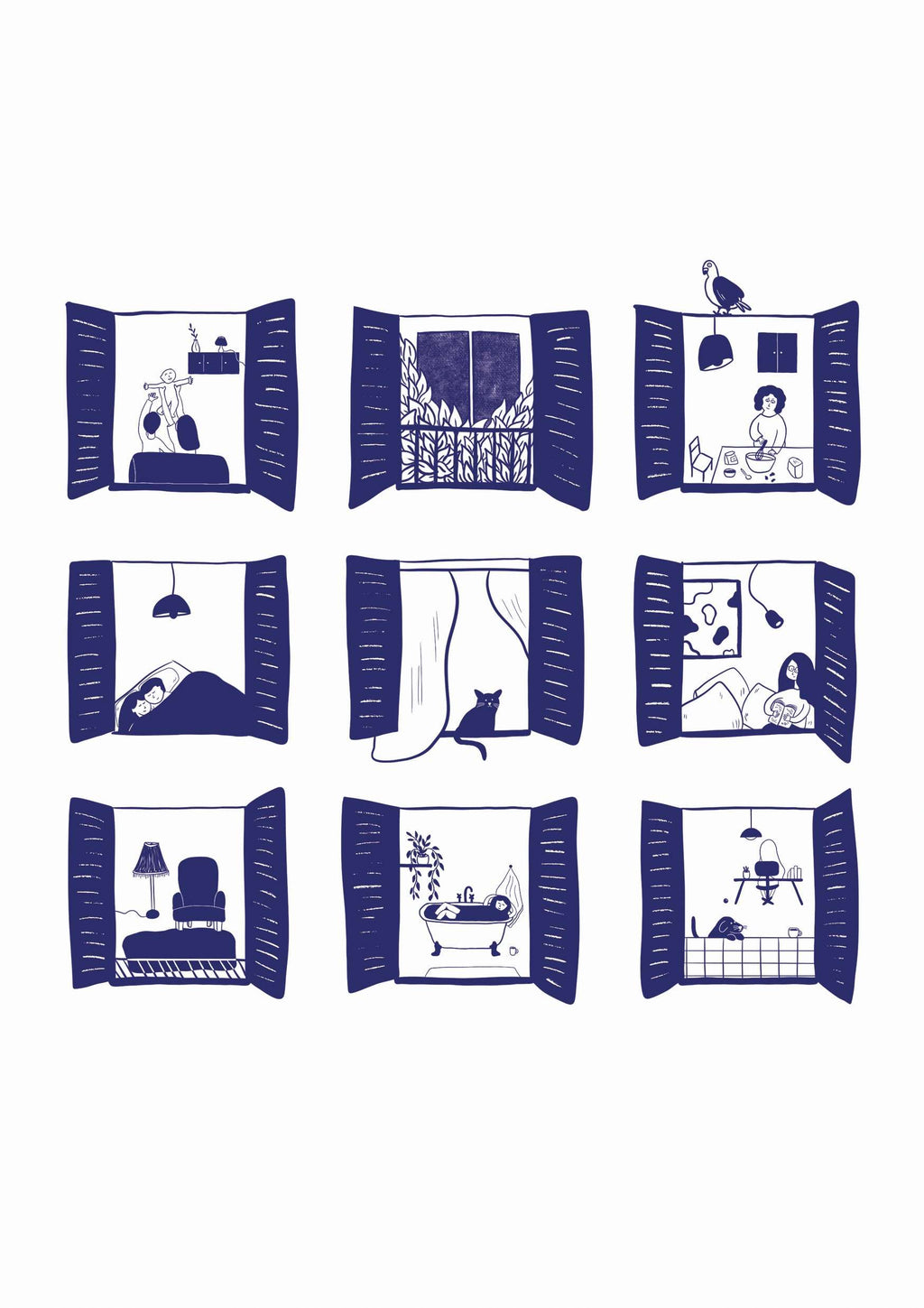 Illustration "À travers les fenêtres" - sous le sable design - grisbleu