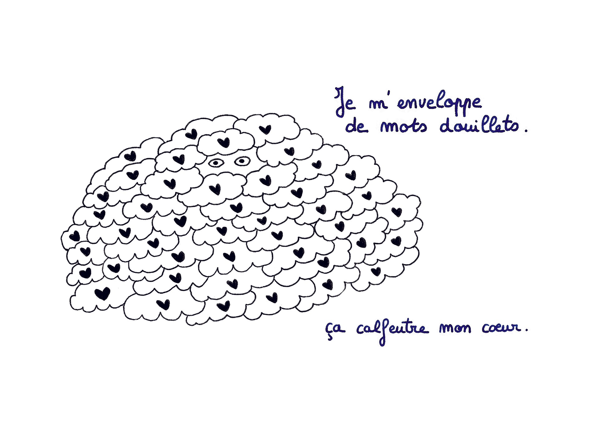 Illustration "Je m'enveloppe de mots douillets" - Grisbleu - sous le sable design - grisbleu