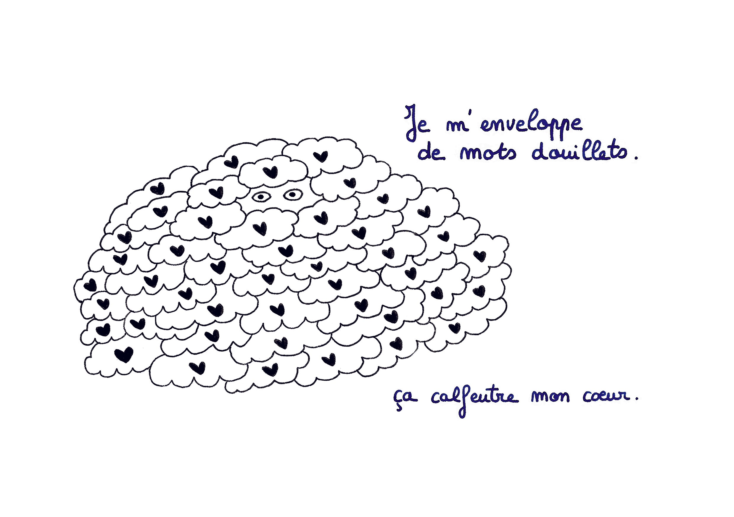 Illustration "Je m'enveloppe de mots douillets" - Grisbleu - sous le sable design - grisbleu