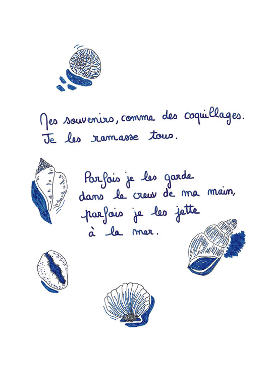 Illustration "Mes souvenirs, comme des coquillages" - Grisbleu - sous le sable design - grisbleu