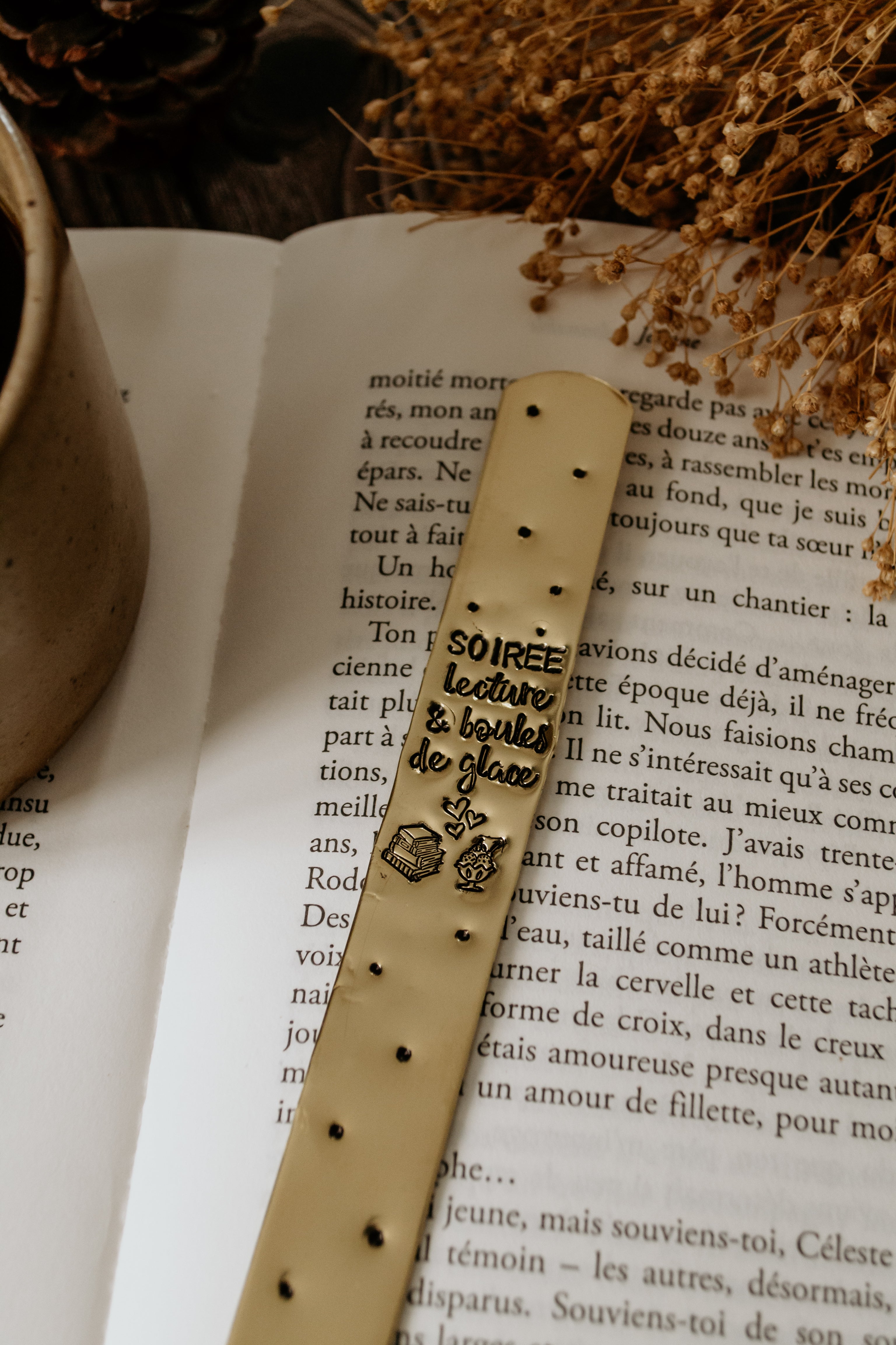 Marque-page "SOIREE lecture & boules de glace" - sous le sable design - grisbleu