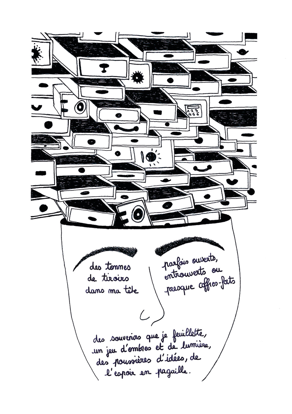 Illustration "des tonnes de tiroirs dans ma tête" - Grisbleu - sous le sable design - grisbleu