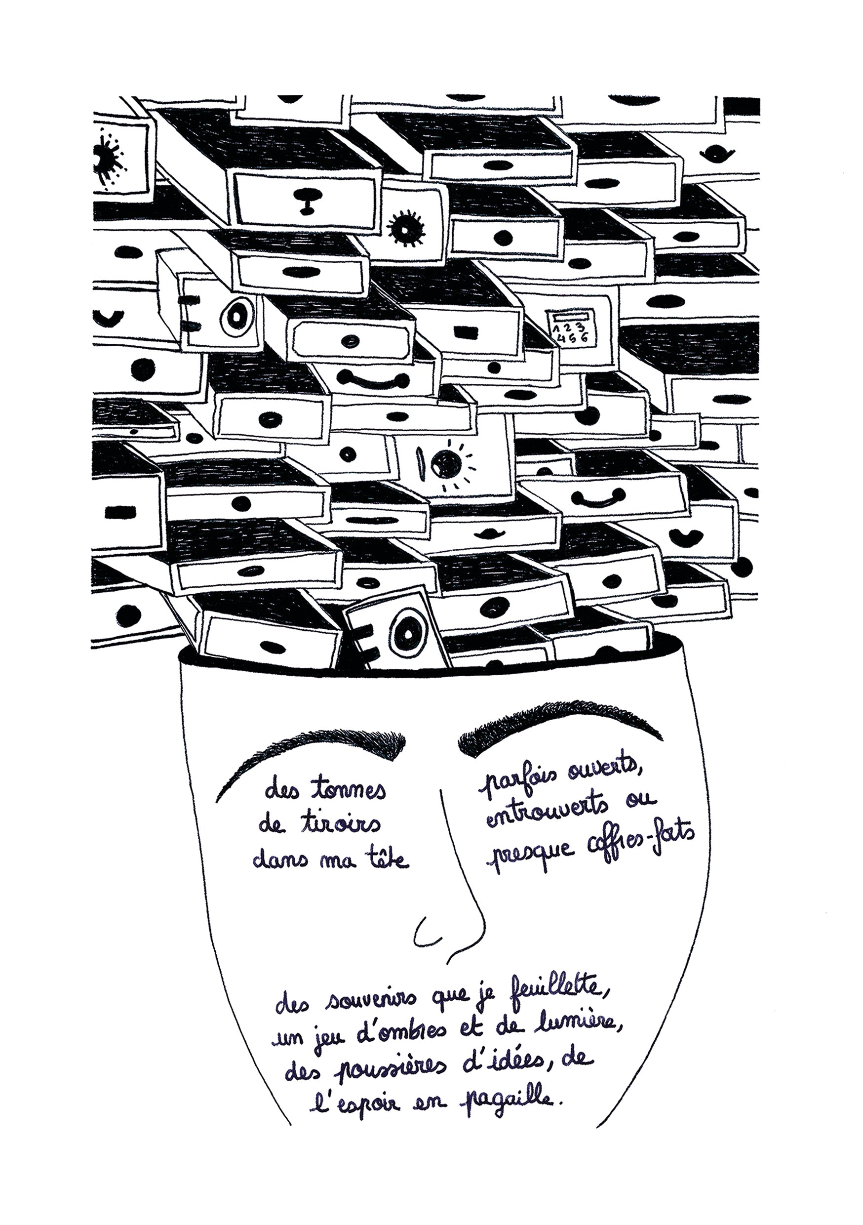 Illustration "des tonnes de tiroirs dans ma tête" - Grisbleu - sous le sable design - grisbleu