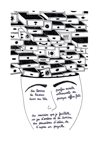 Illustration "des tonnes de tiroirs dans ma tête" - Grisbleu - sous le sable design - grisbleu