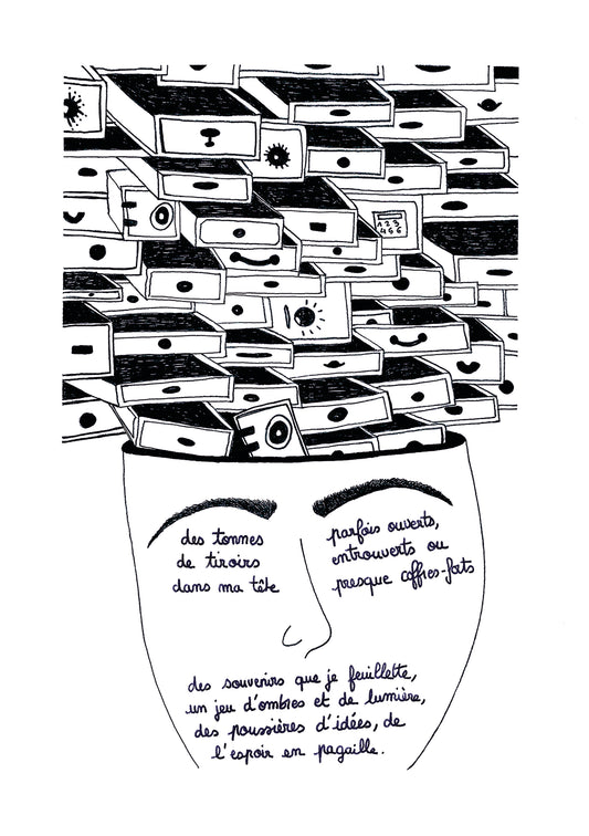 Illustration "des tonnes de tiroirs dans ma tête" - Grisbleu - sous le sable design - grisbleu