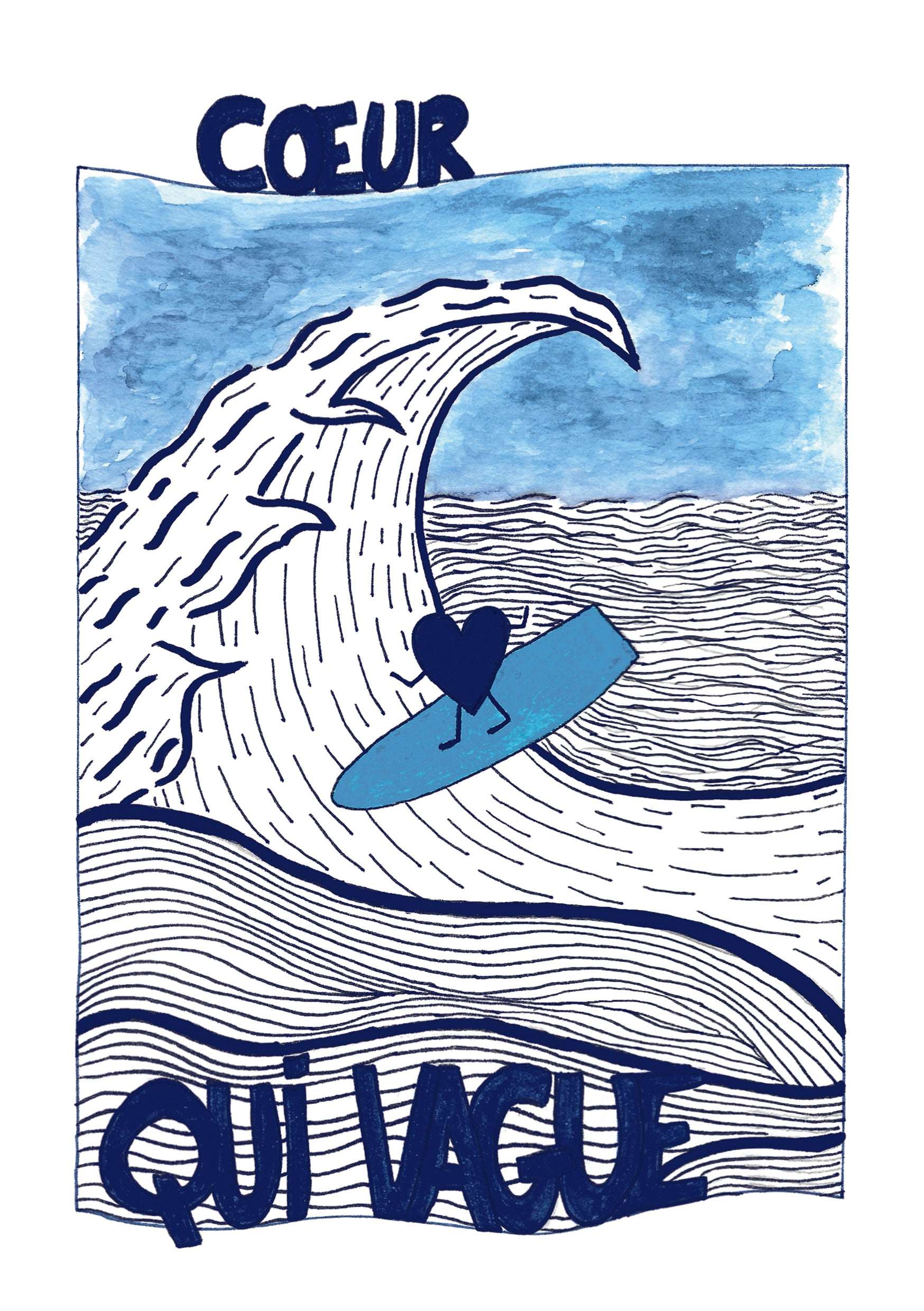 Illustration "COEUR QUI VAGUE" - sous le sable design - grisbleu