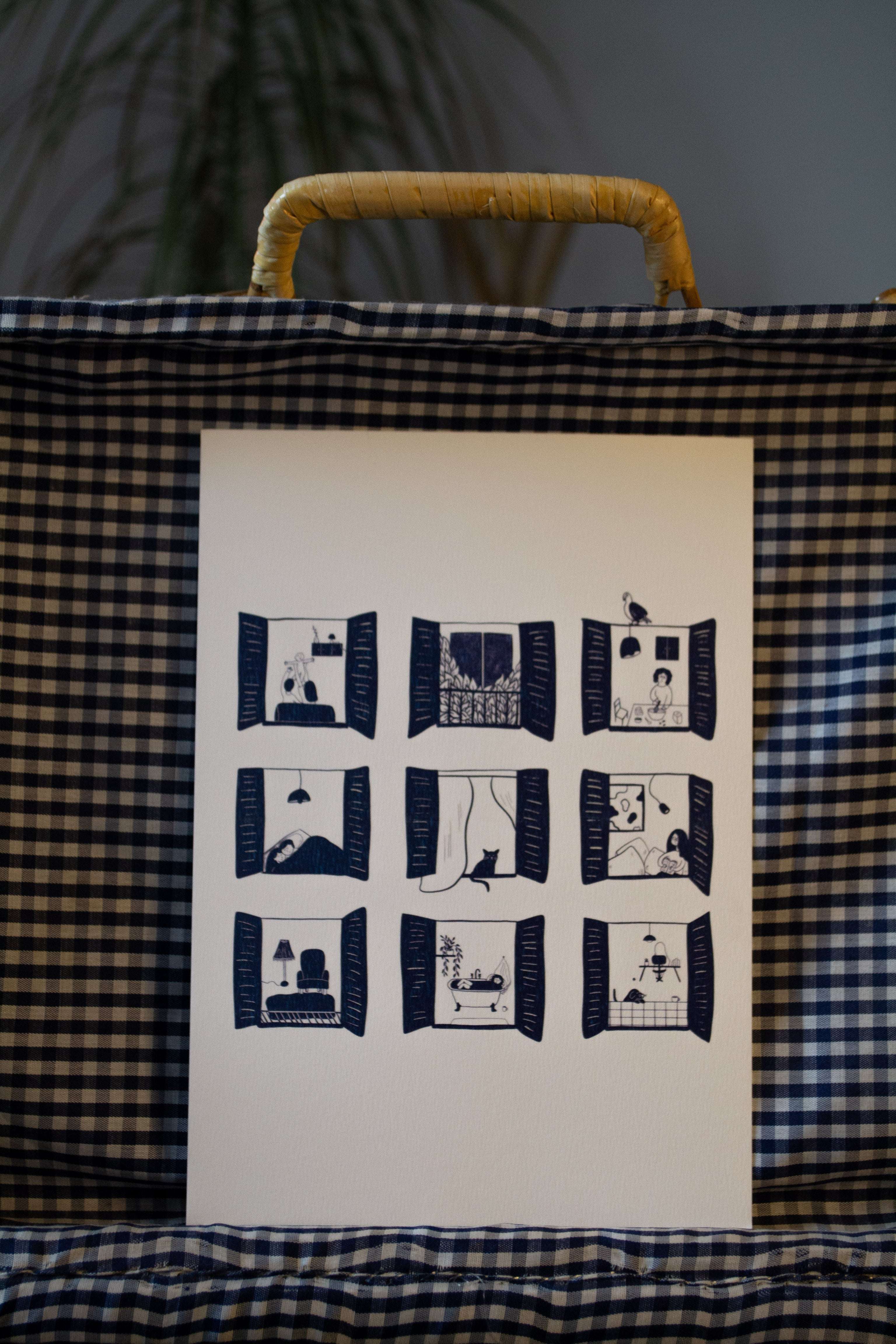 Illustration "À travers les fenêtres" - sous le sable design - grisbleu