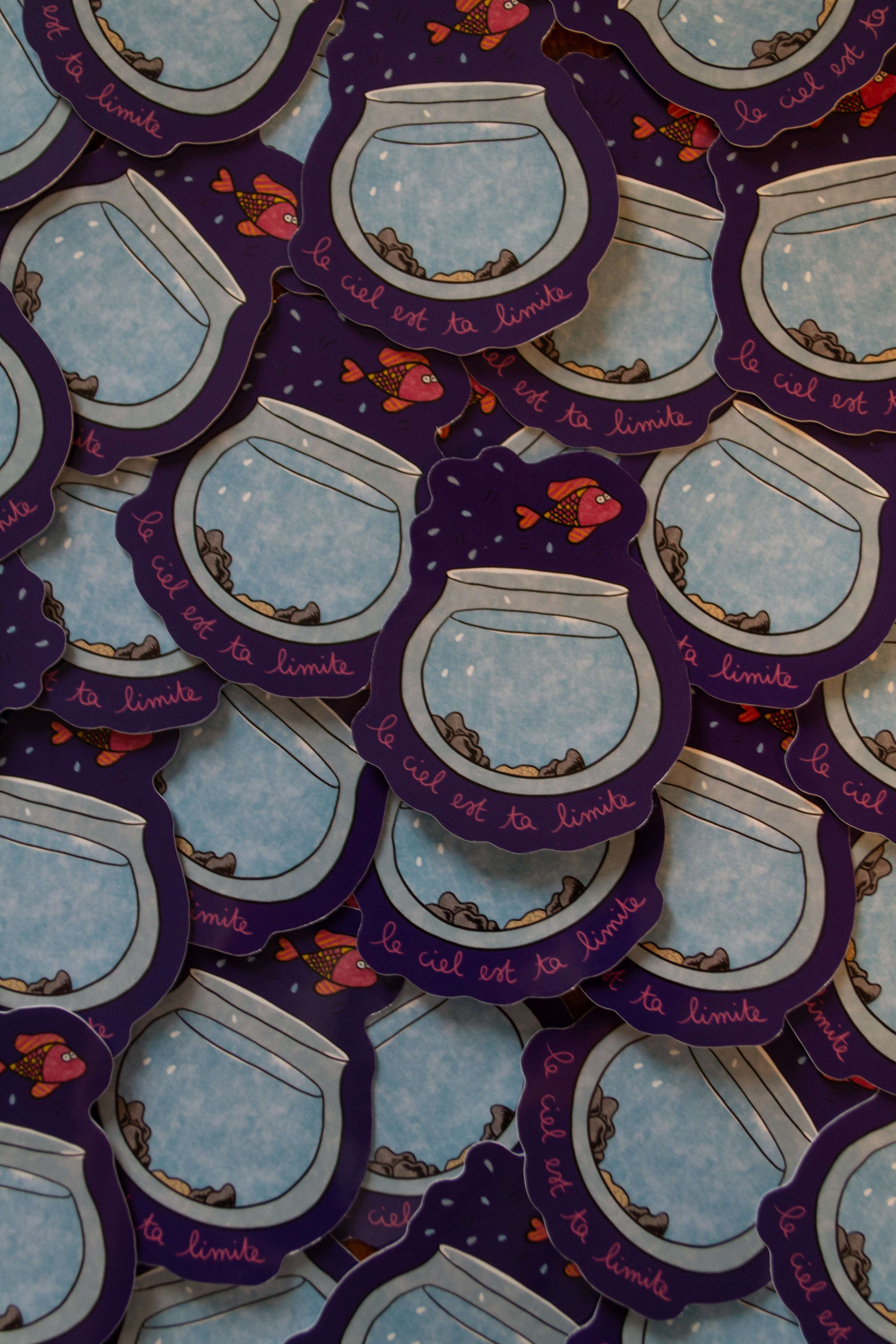 autocollant d'un poisson qui saute d'un bocal et la citation "le ciel est ta limite" grisbleu