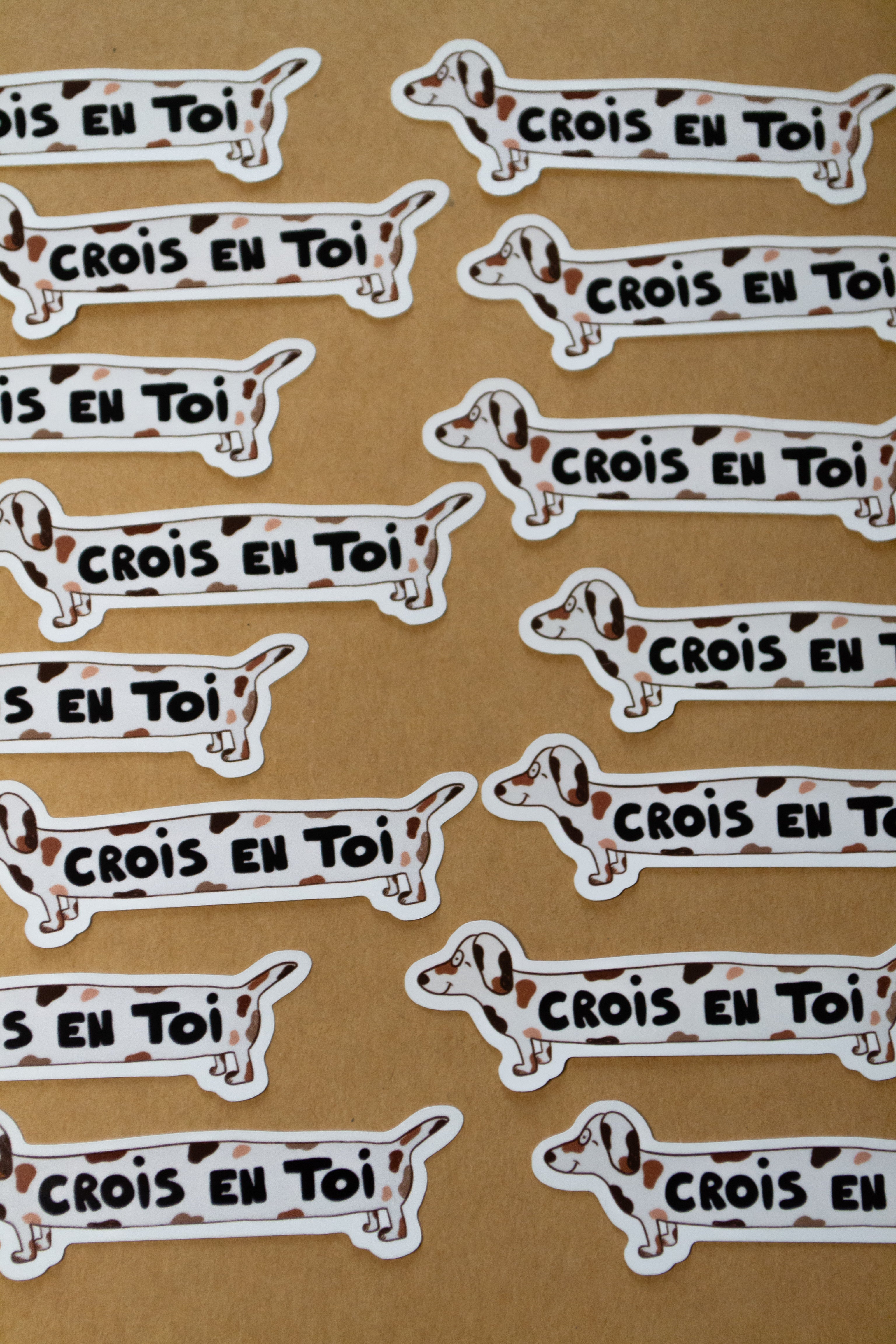 Plein d'autocollants chiens avec écrit "crois en toi"