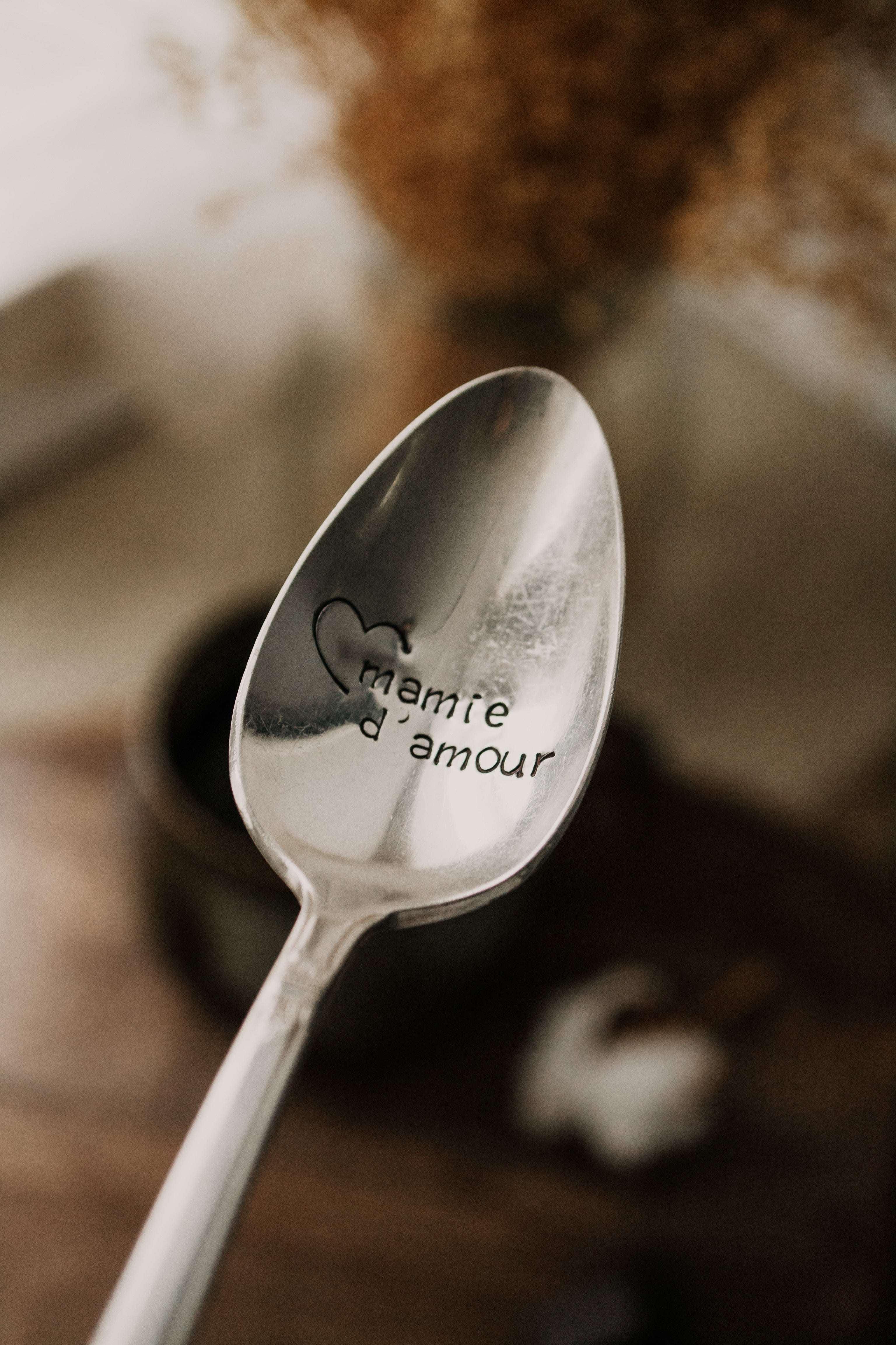 Cuillère " mamie d'amour" - sous le sable design - grisbleu