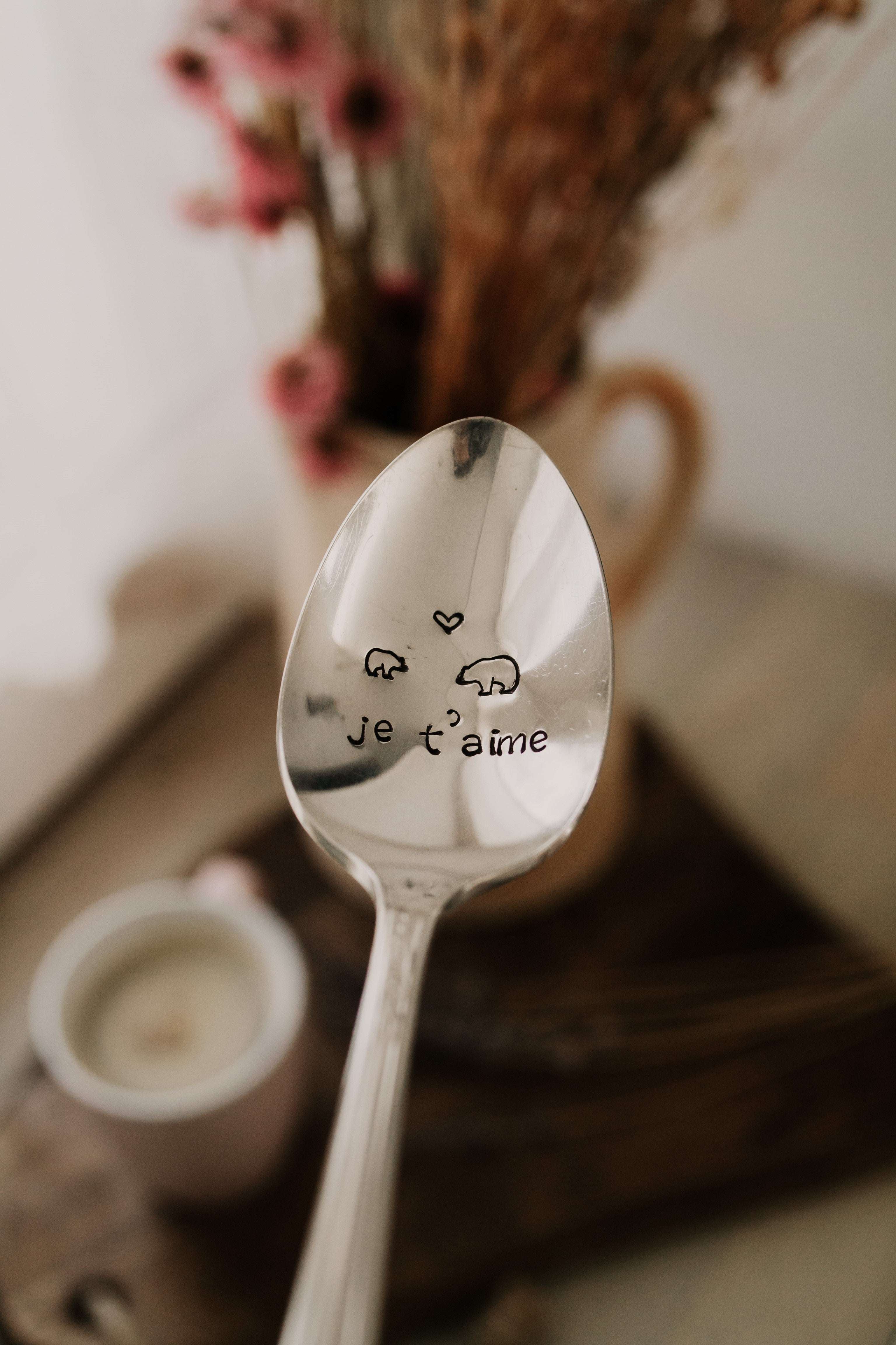 Cuillère "je t'aime" + petits ours - sous le sable design - grisbleu
