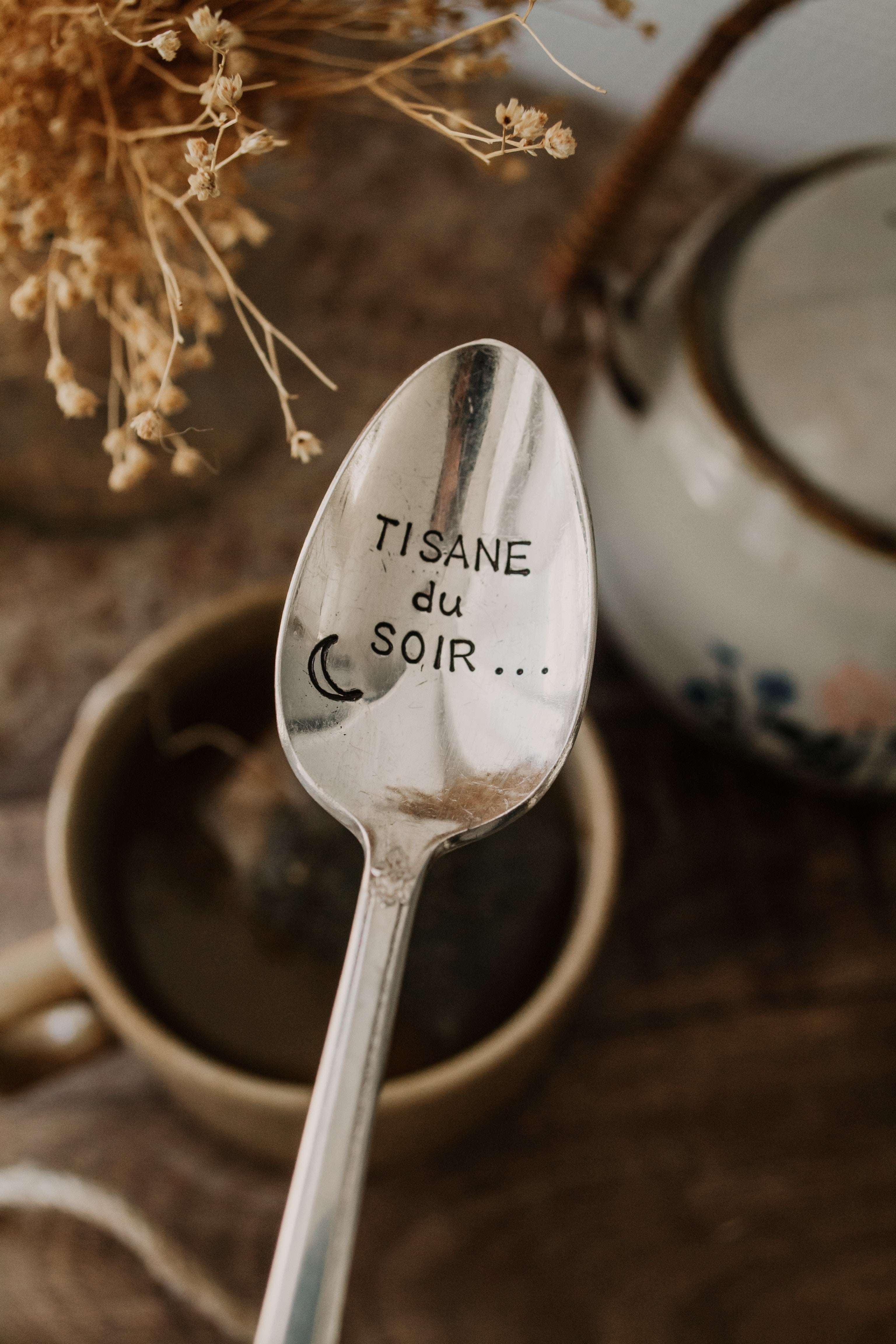 Cuillère "TISANE du SOIR" - sous le sable design - grisbleu