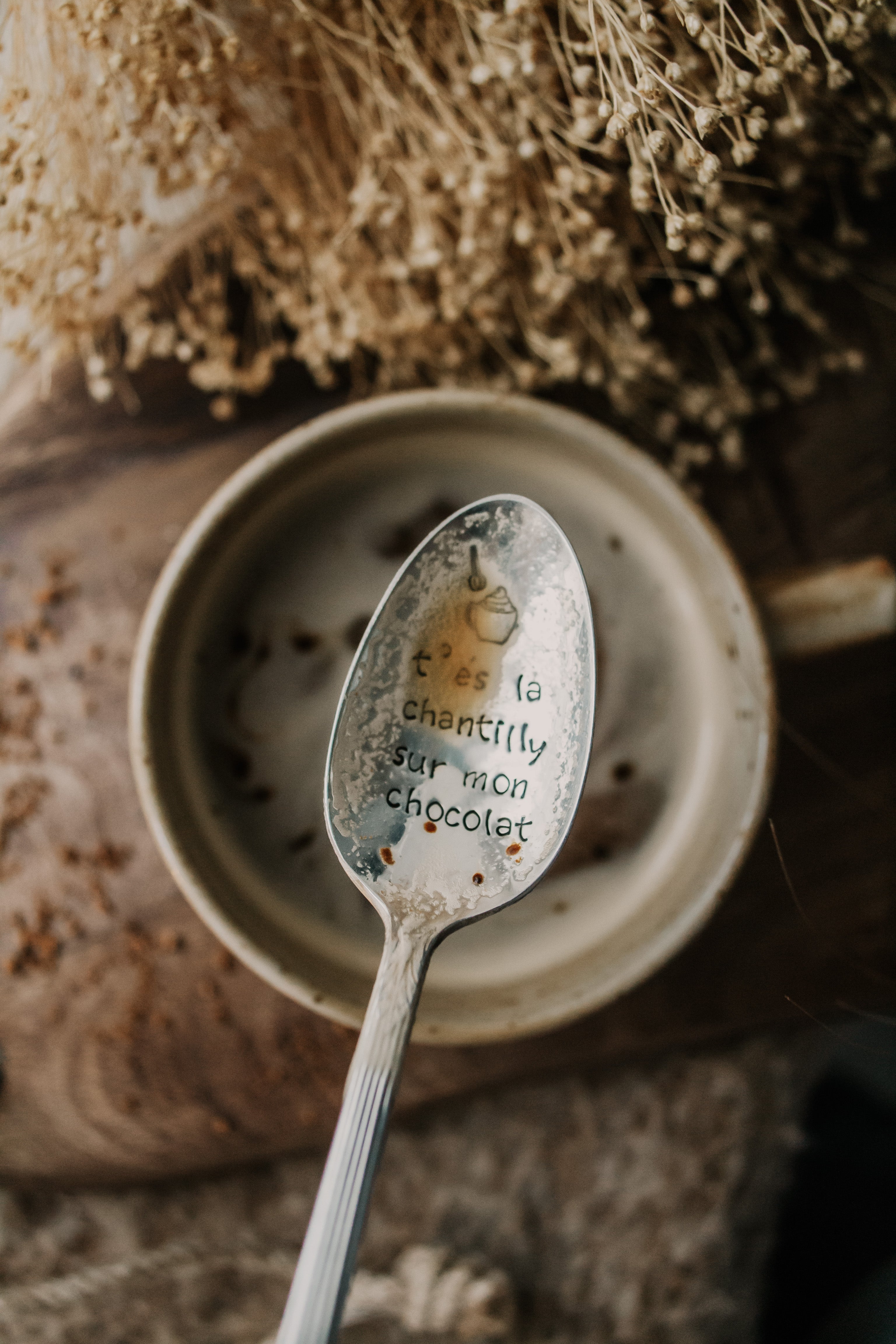 Cuillère "t'es la chantilly sur mon chocolat" - sous le sable design - grisbleu