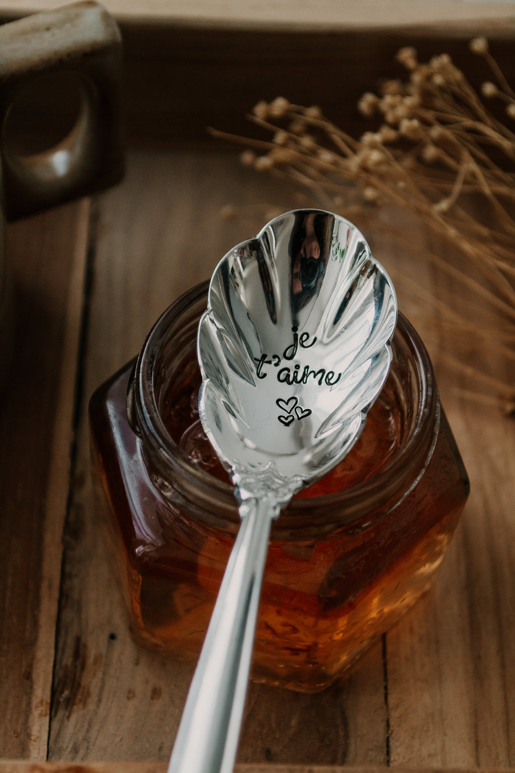 Cuillère coquillage "je t'aime" - sous le sable design - grisbleu