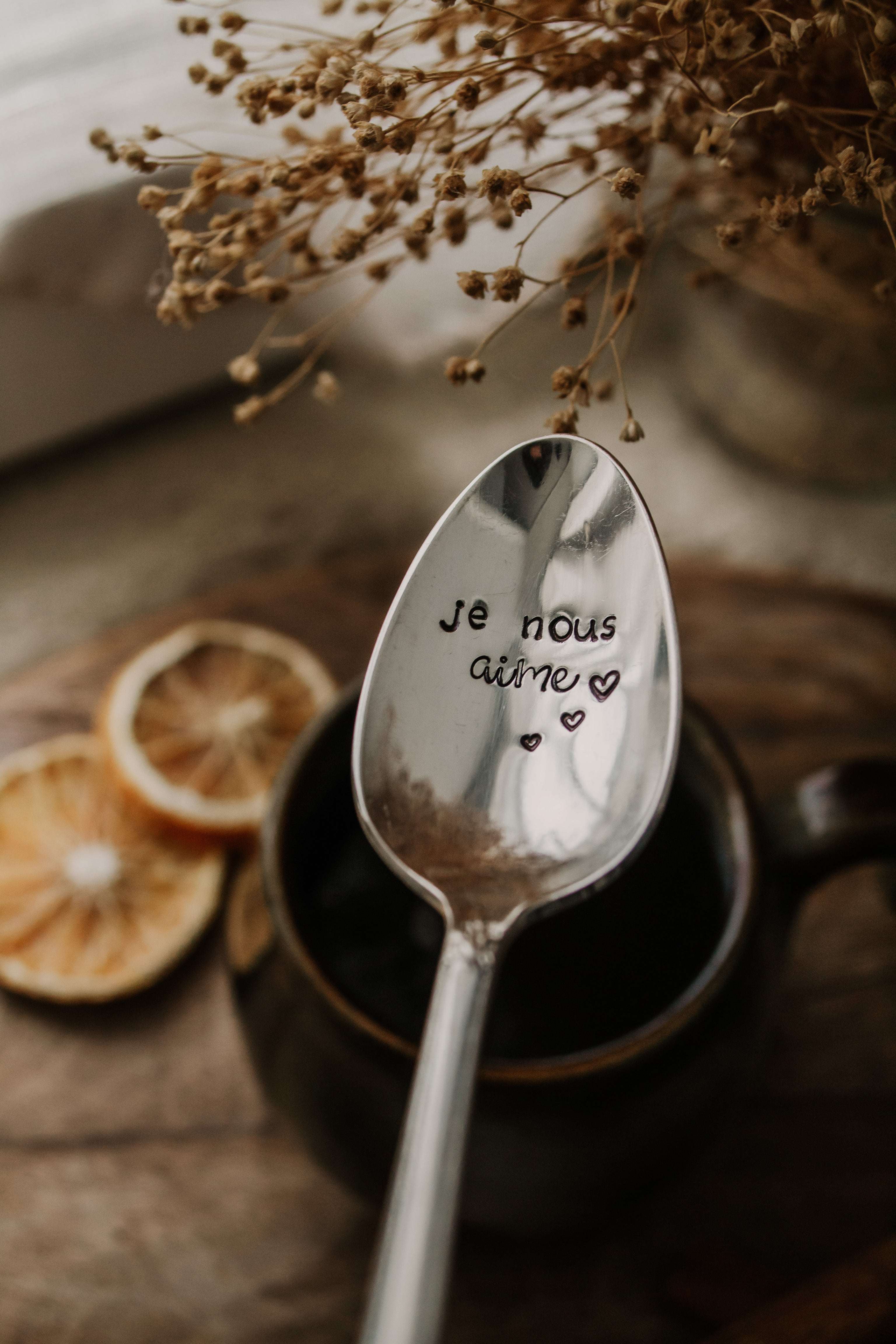 Cuillère "je nous aime" - sous le sable design - grisbleu