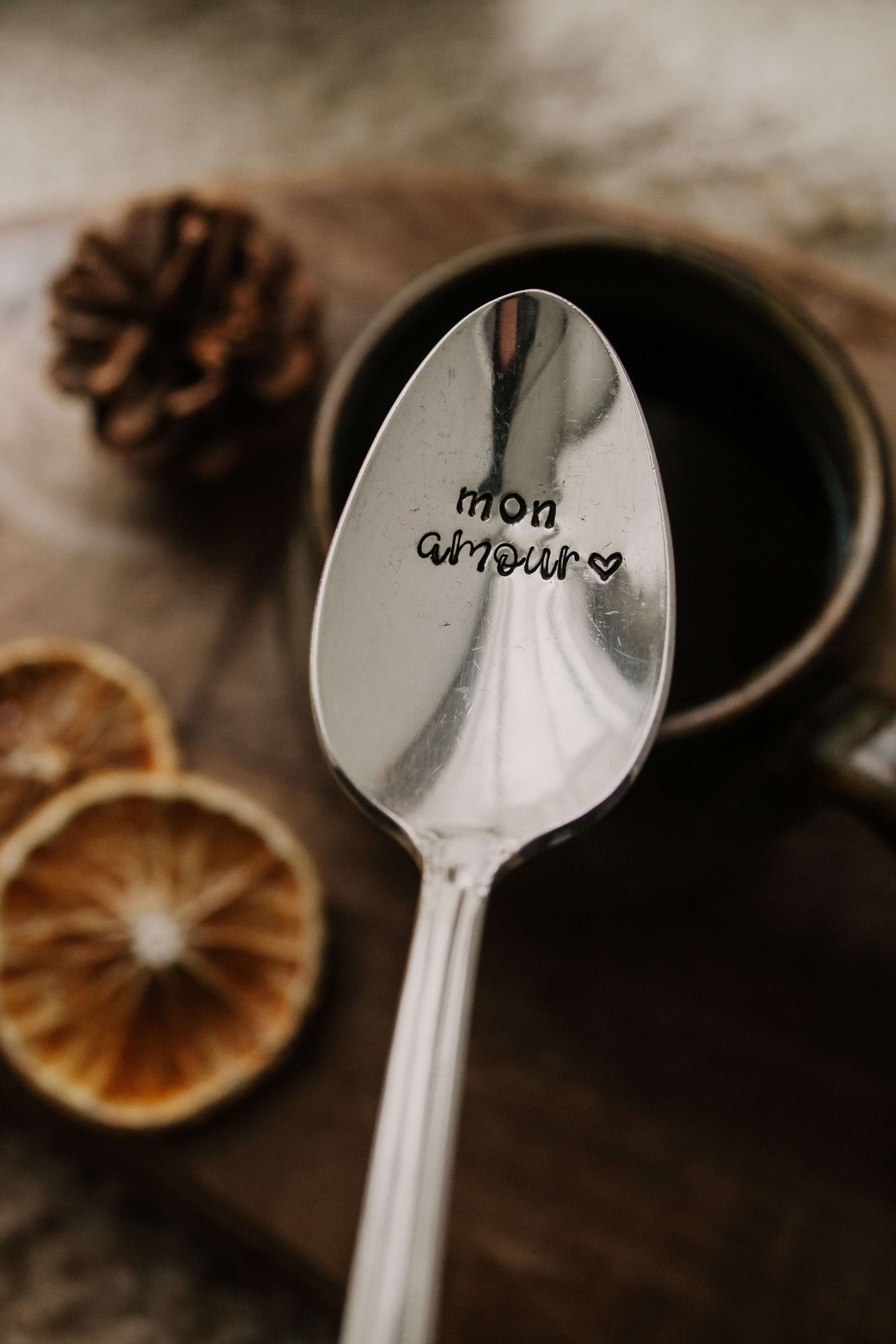 Cuillère "mon amour" - sous le sable design - grisbleu