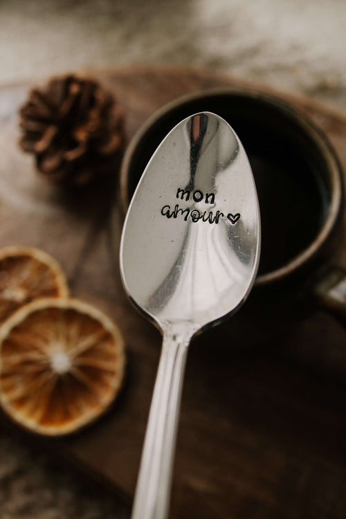 Cuillère "mon amour" - sous le sable design - grisbleu