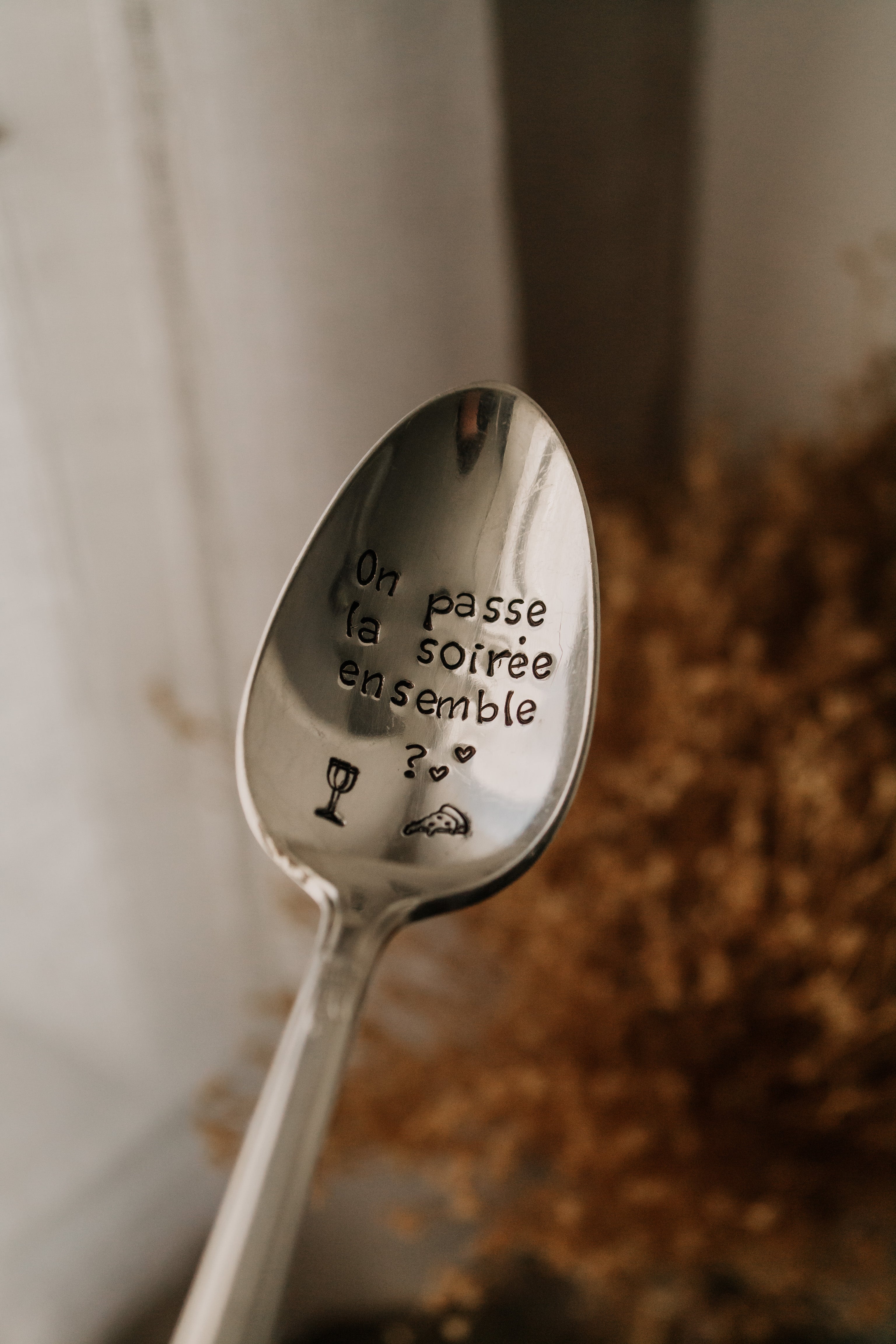 Cuillère "on passe la soirée ensemble ?" - sous le sable design - grisbleu