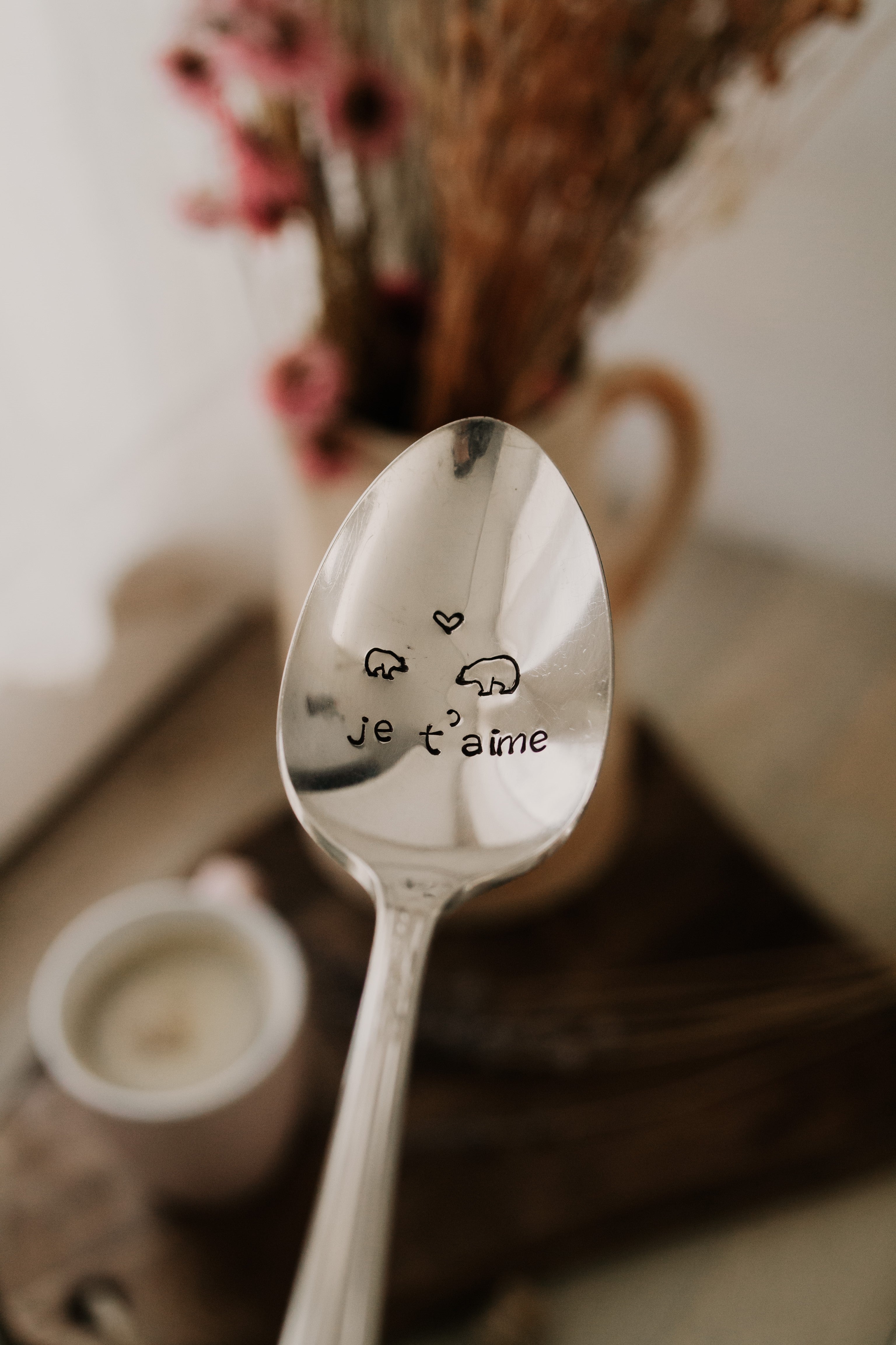 Cuillère "je t'aime" + petits ours - sous le sable design - grisbleu