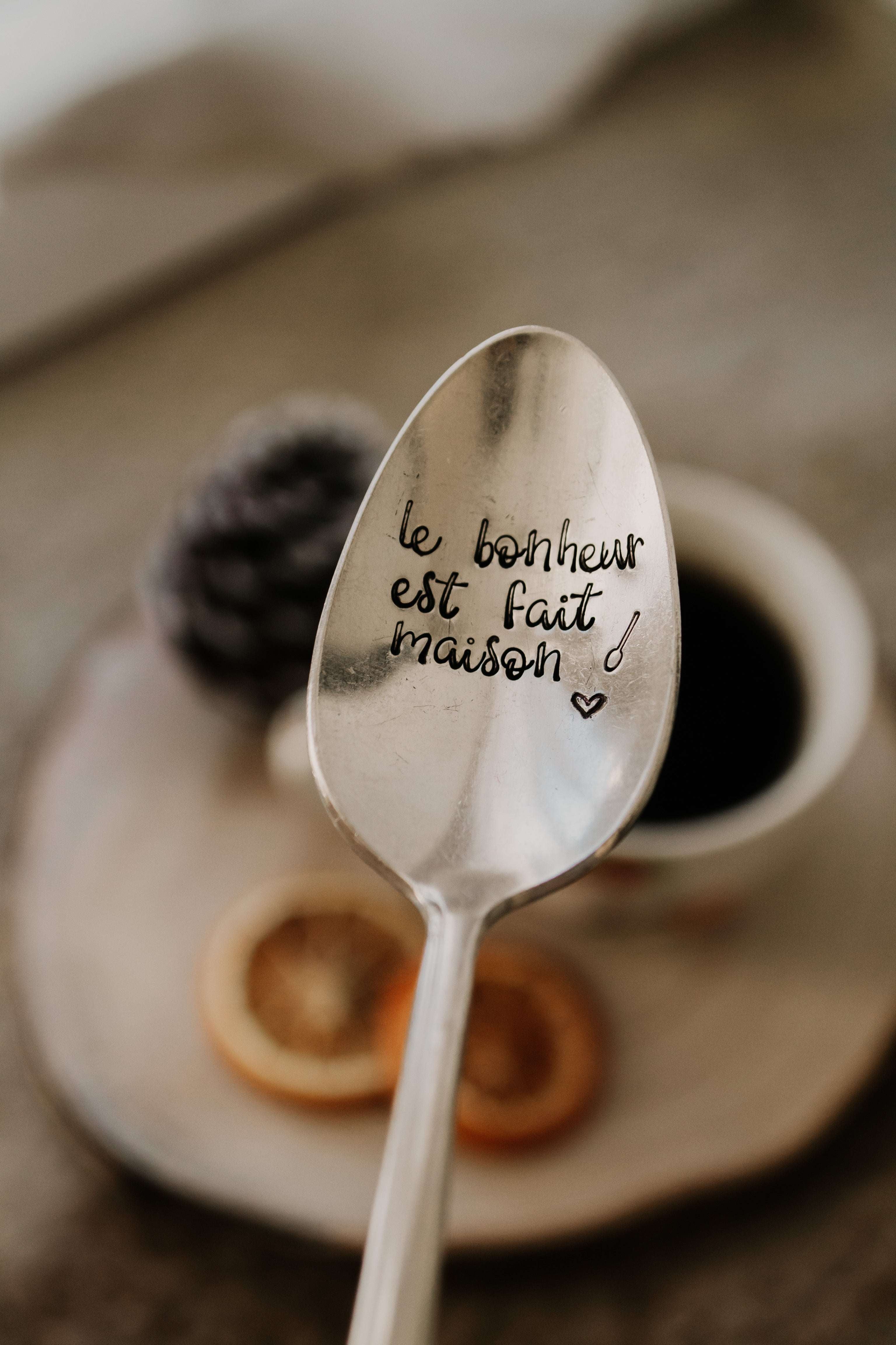 Cuillère "le bonheur est fait maison" - sous le sable design - grisbleu