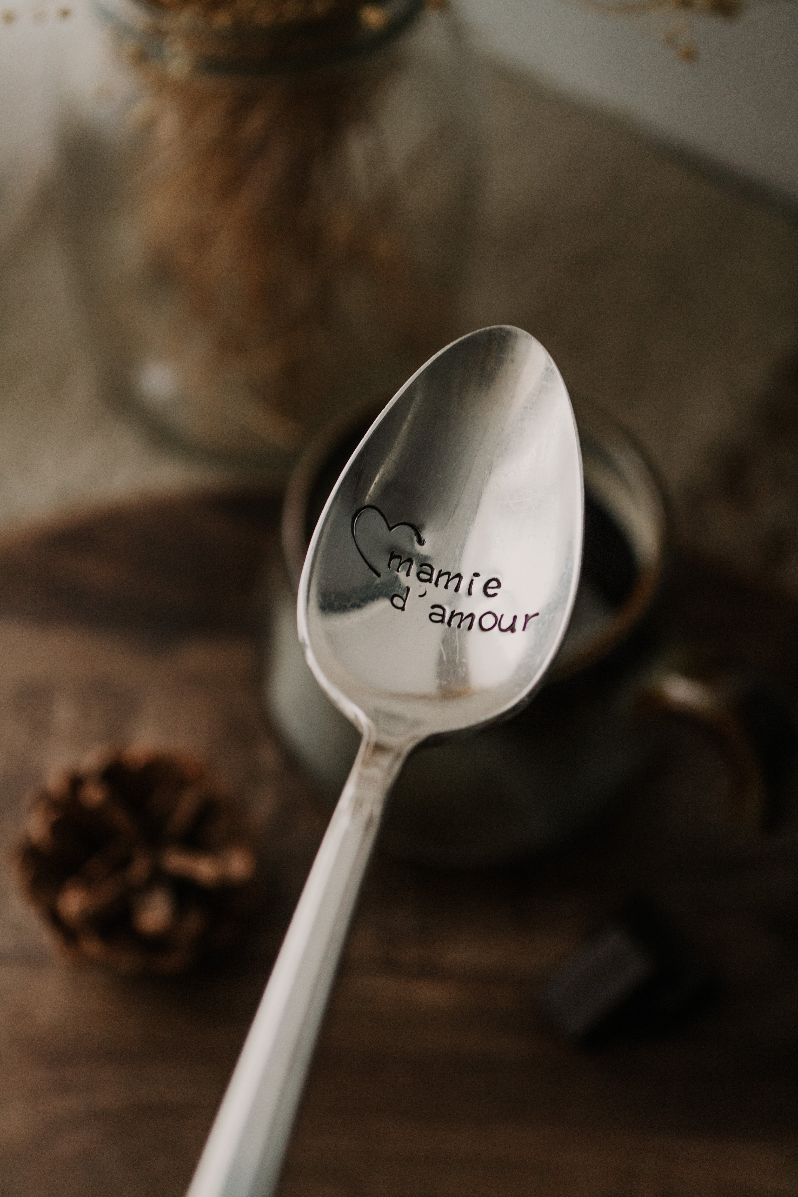 Cuillère " mamie d'amour" - sous le sable design - grisbleu