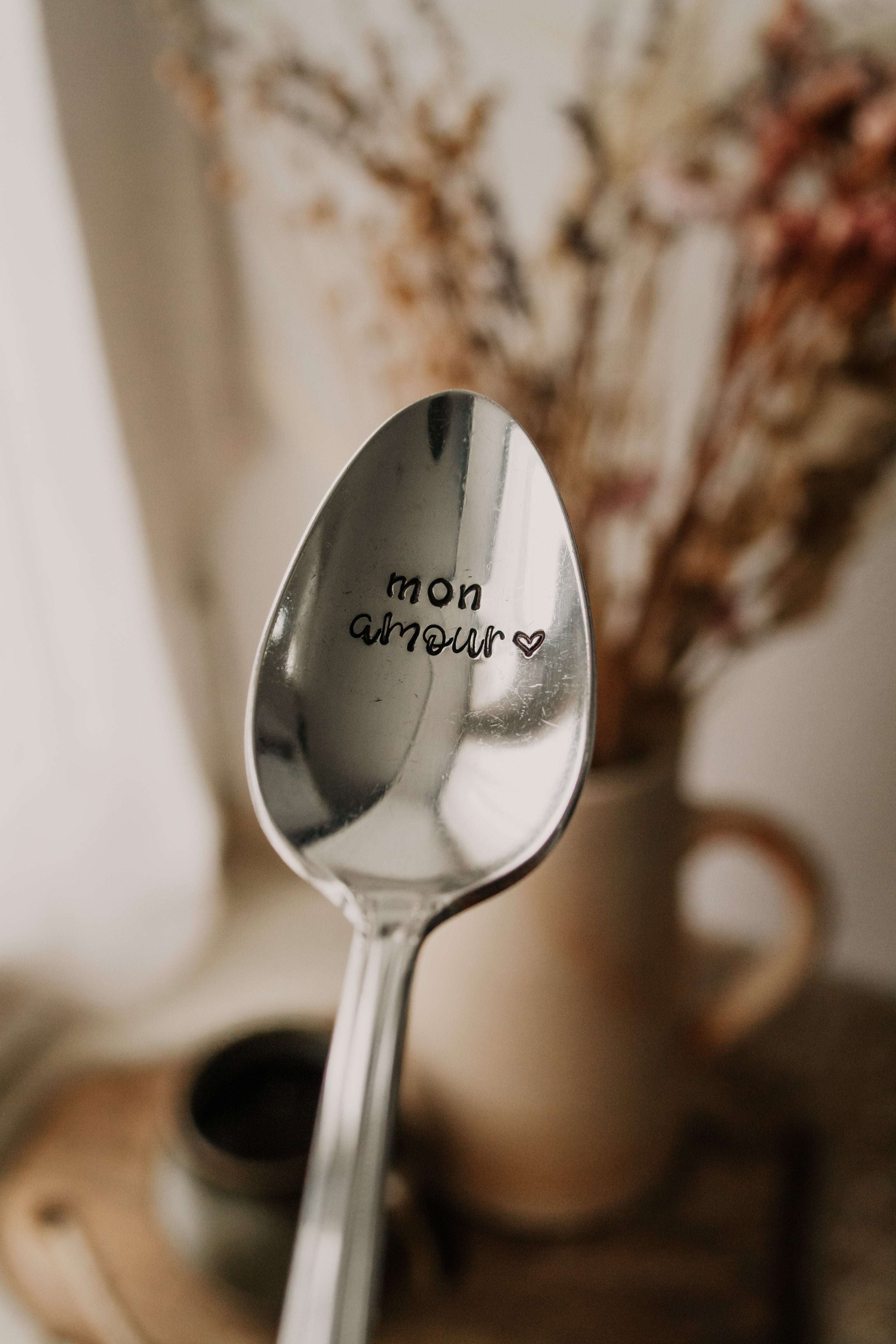 Cuillère "mon amour" - sous le sable design - grisbleu