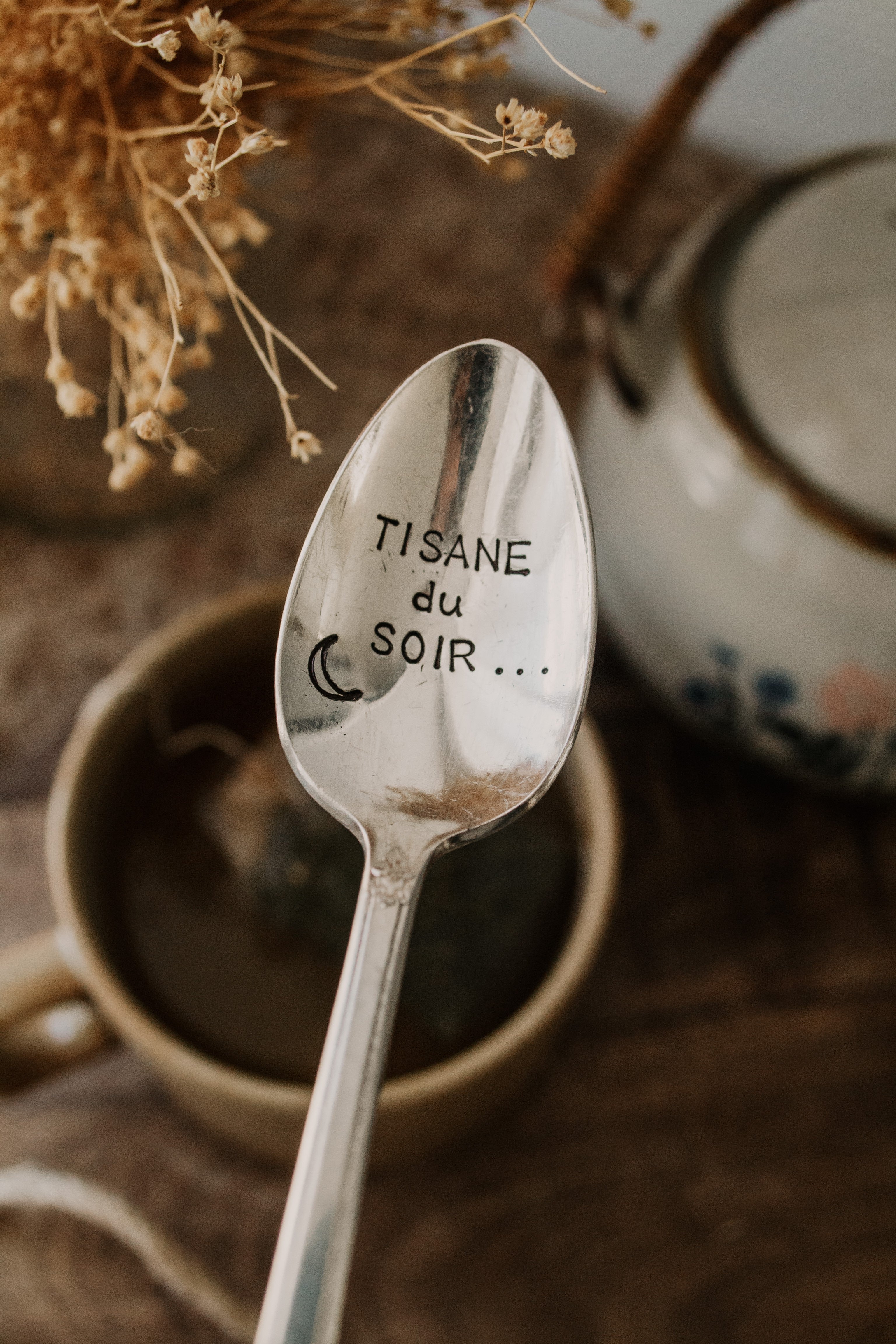 Cuillère "TISANE du SOIR" - sous le sable design - grisbleu