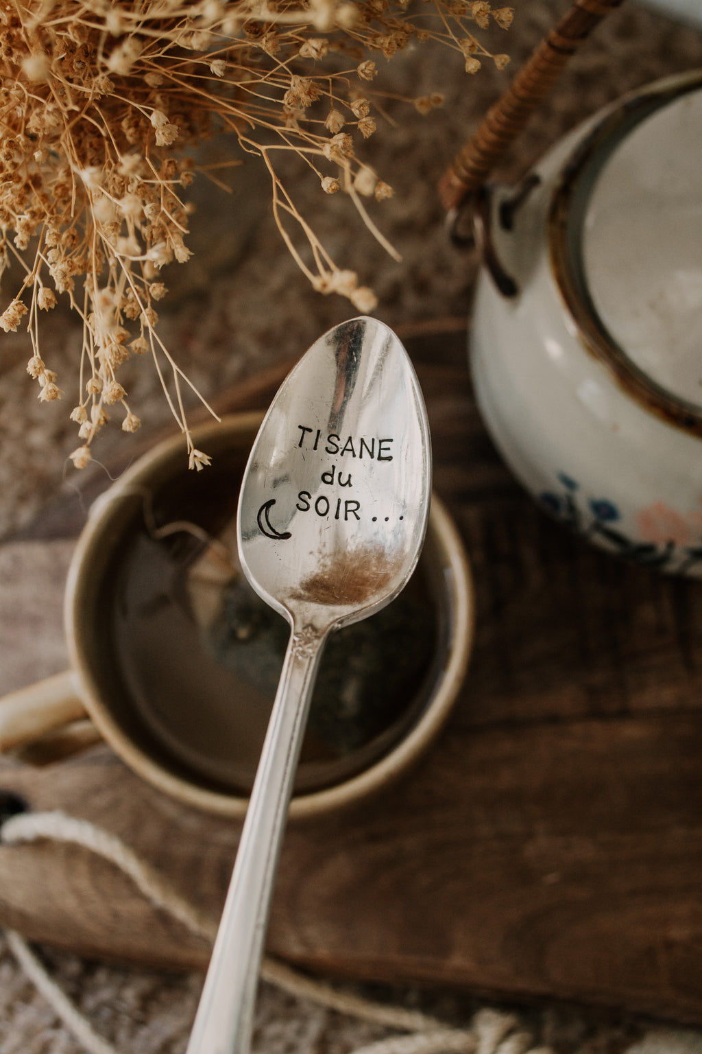 Cuillère "TISANE du SOIR" - sous le sable design - grisbleu