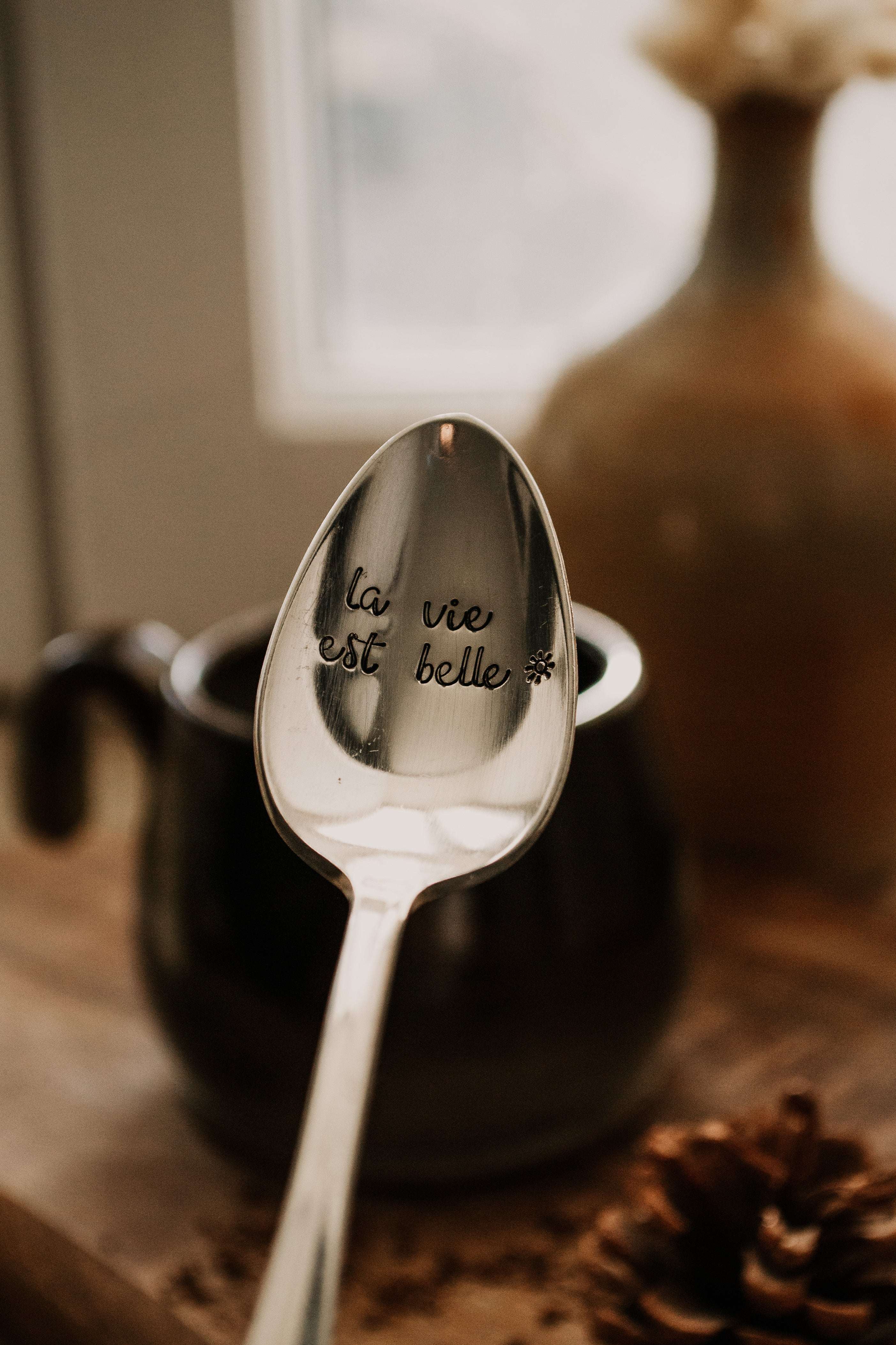 Cuillère "la vie est belle" - sous le sable design - grisbleu