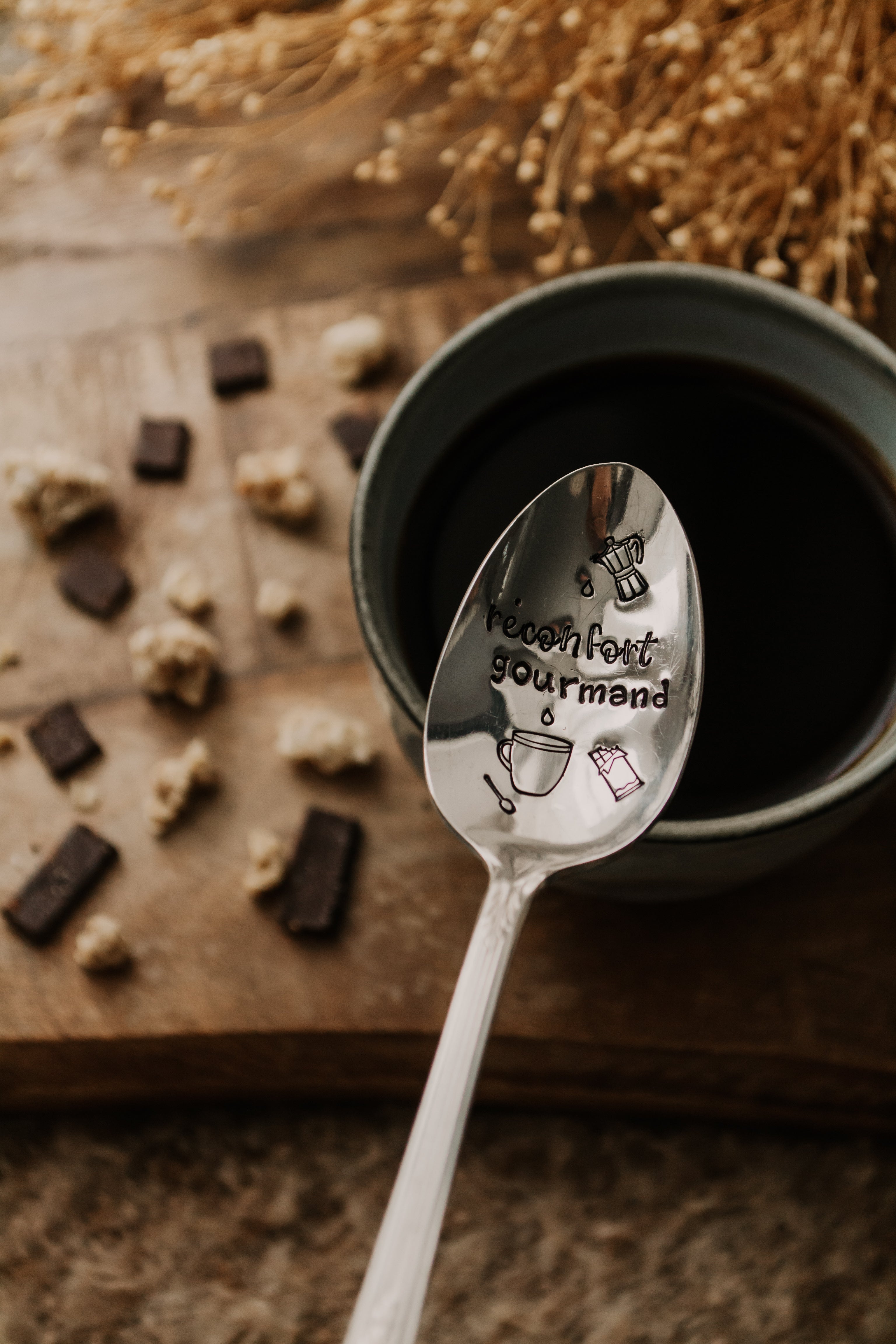 Cuillère "réconfort gourmand" - sous le sable design - grisbleu