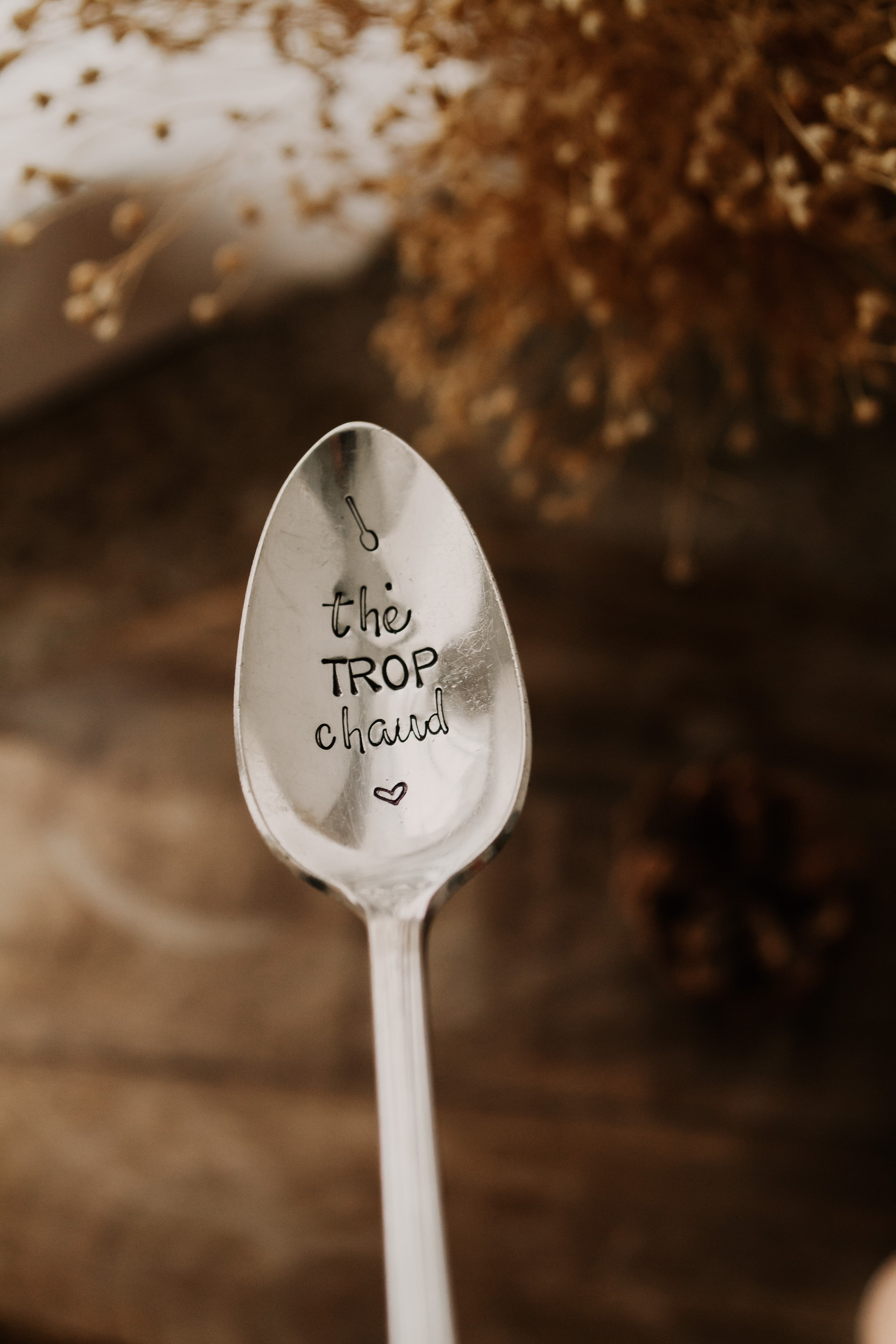 Cuillère "thé TROP chaud" - sous le sable design - grisbleu