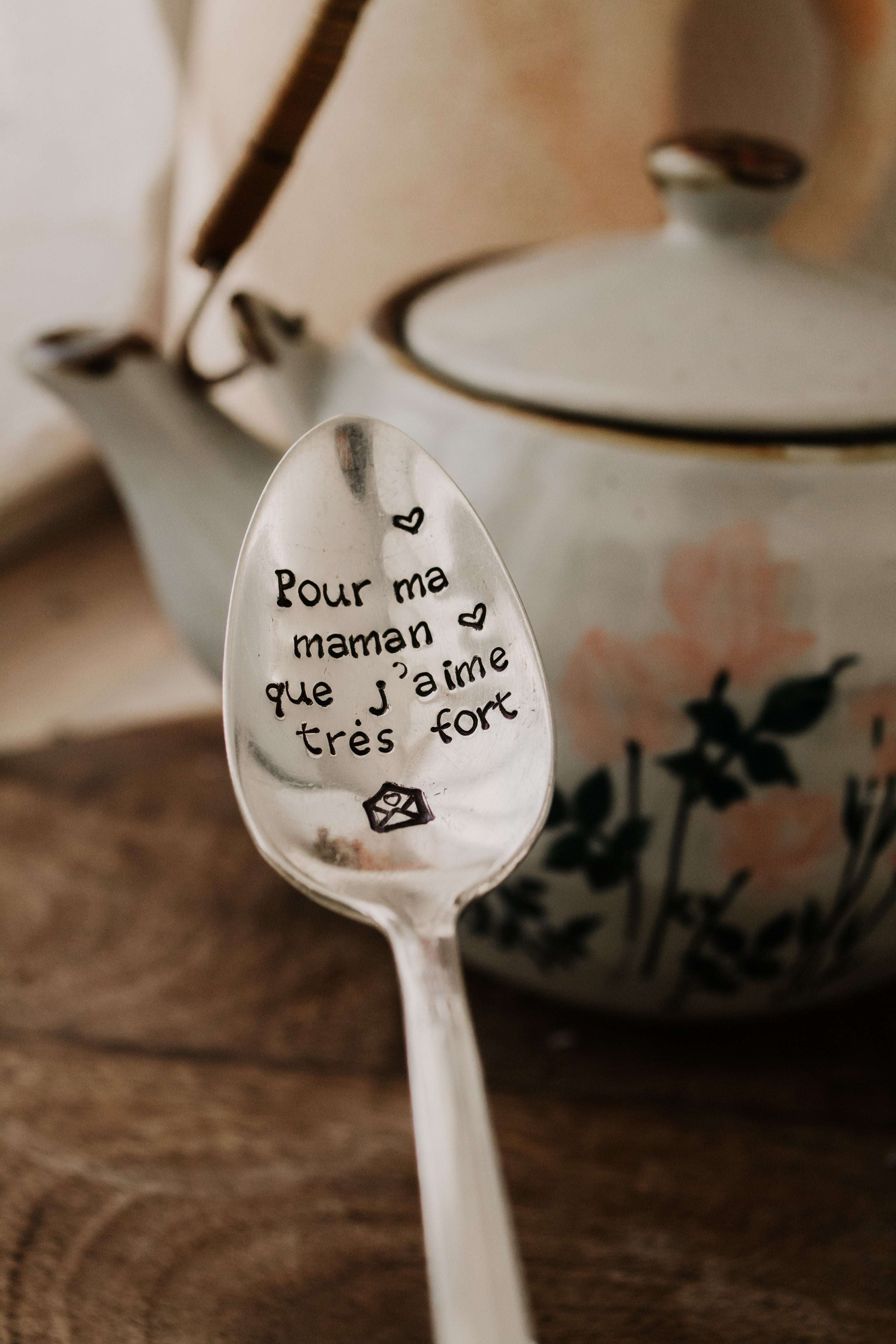 Cuillère "Pour ma maman que j'aime très fort" - sous le sable design - grisbleu
