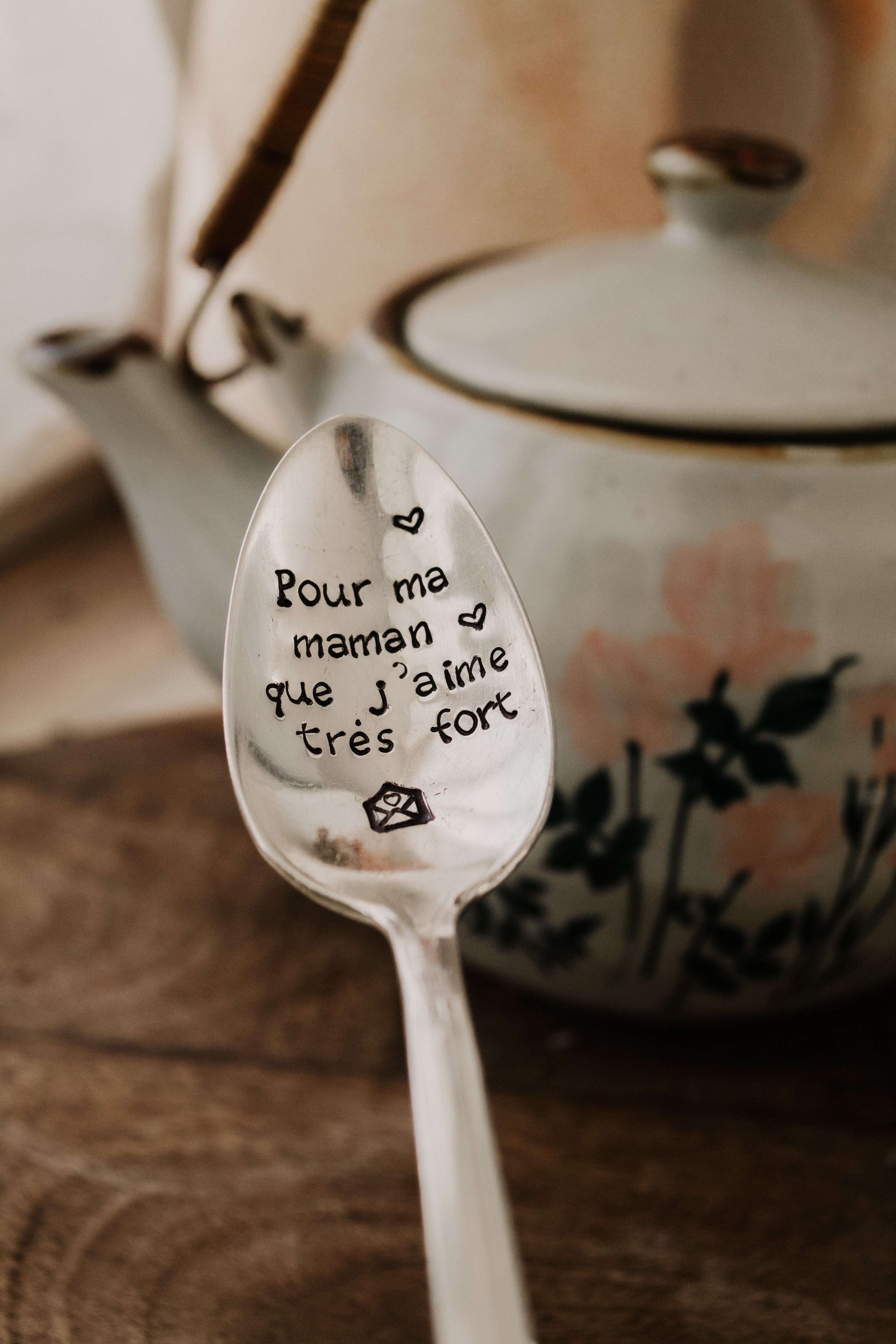 Cuillère "Pour ma maman que j'aime très fort" - sous le sable design - grisbleu
