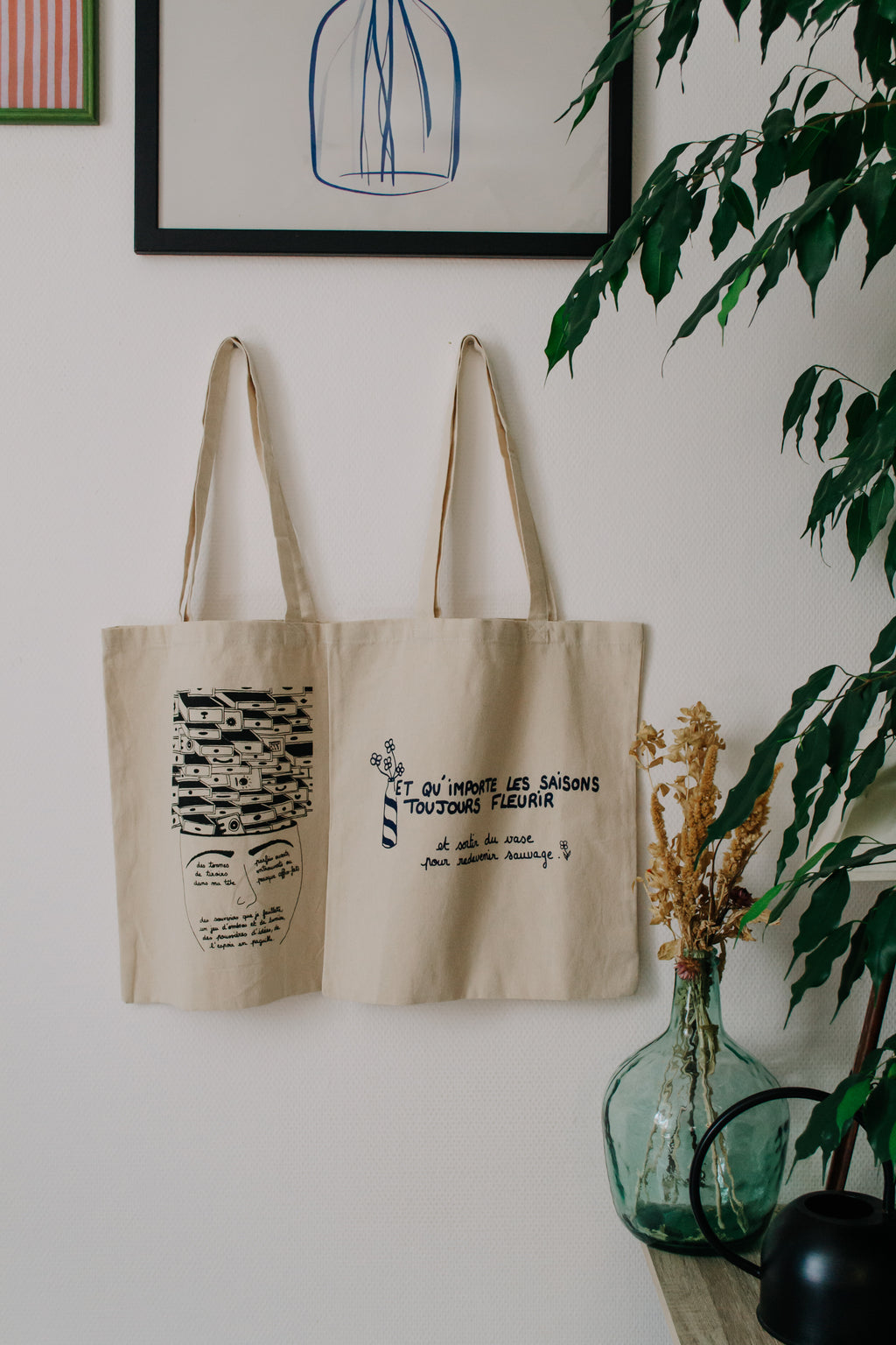 Tote bag illustré  "Des tonnes de tiroirs dans ma tête" - Grisbleu - sous le sable design - grisbleu