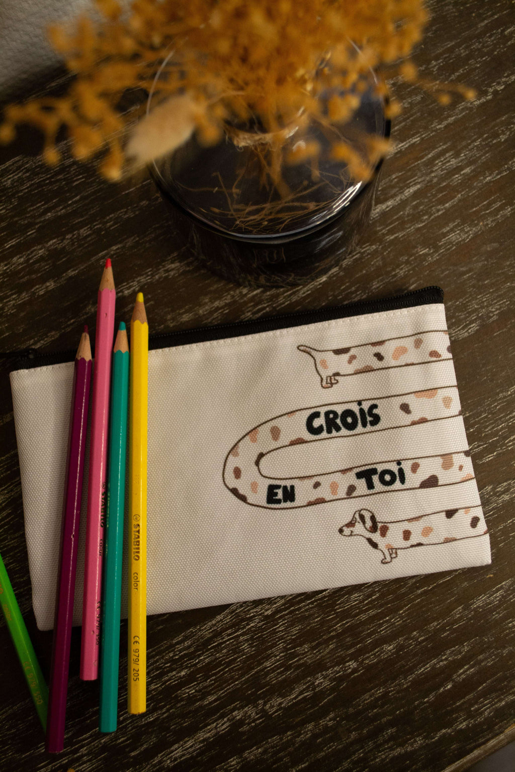 trousse chien écrit crois en toi avec crayons de couleur