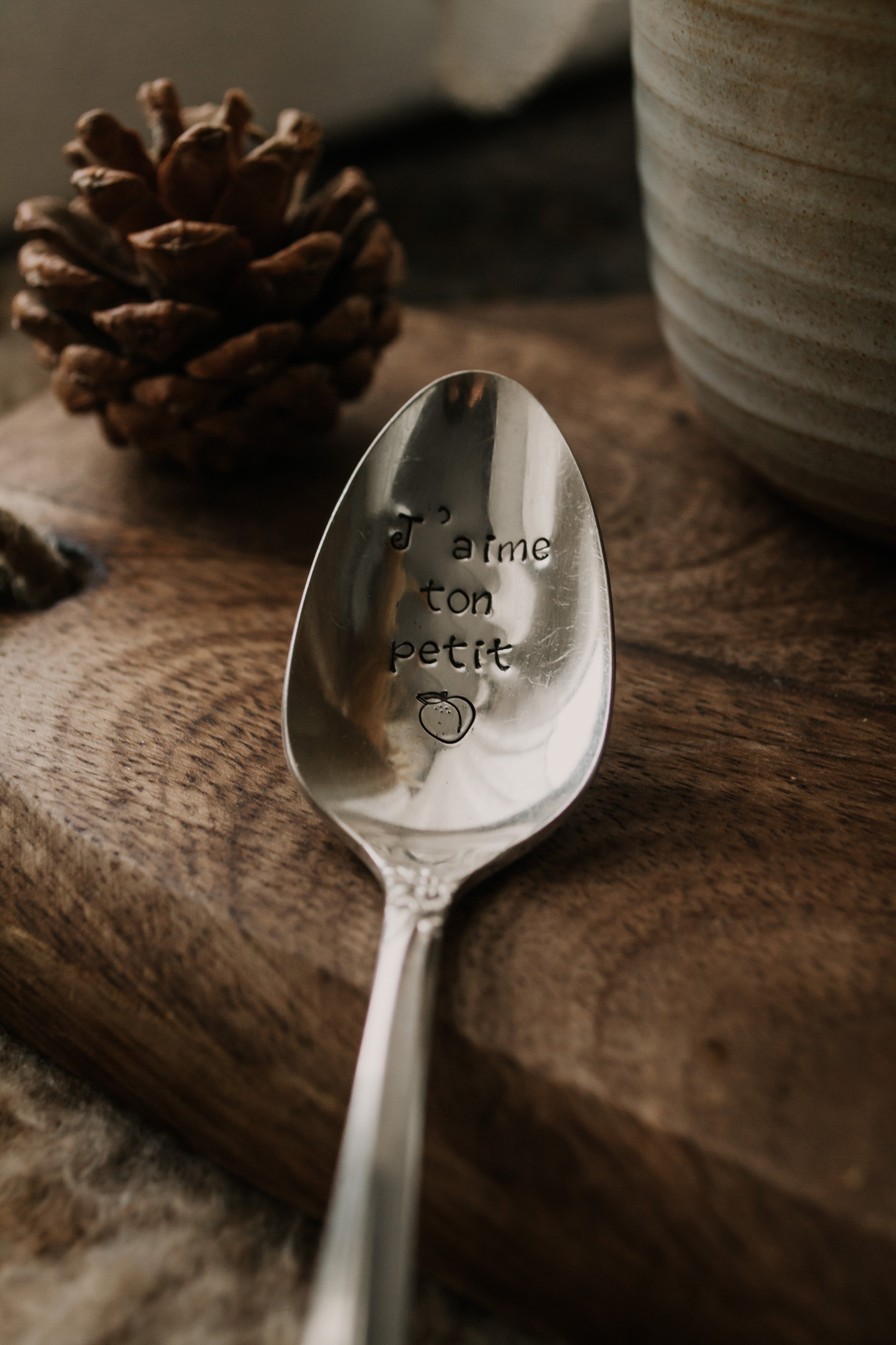Cuillère "J'aime ton petit ... " - sous le sable design - grisbleu