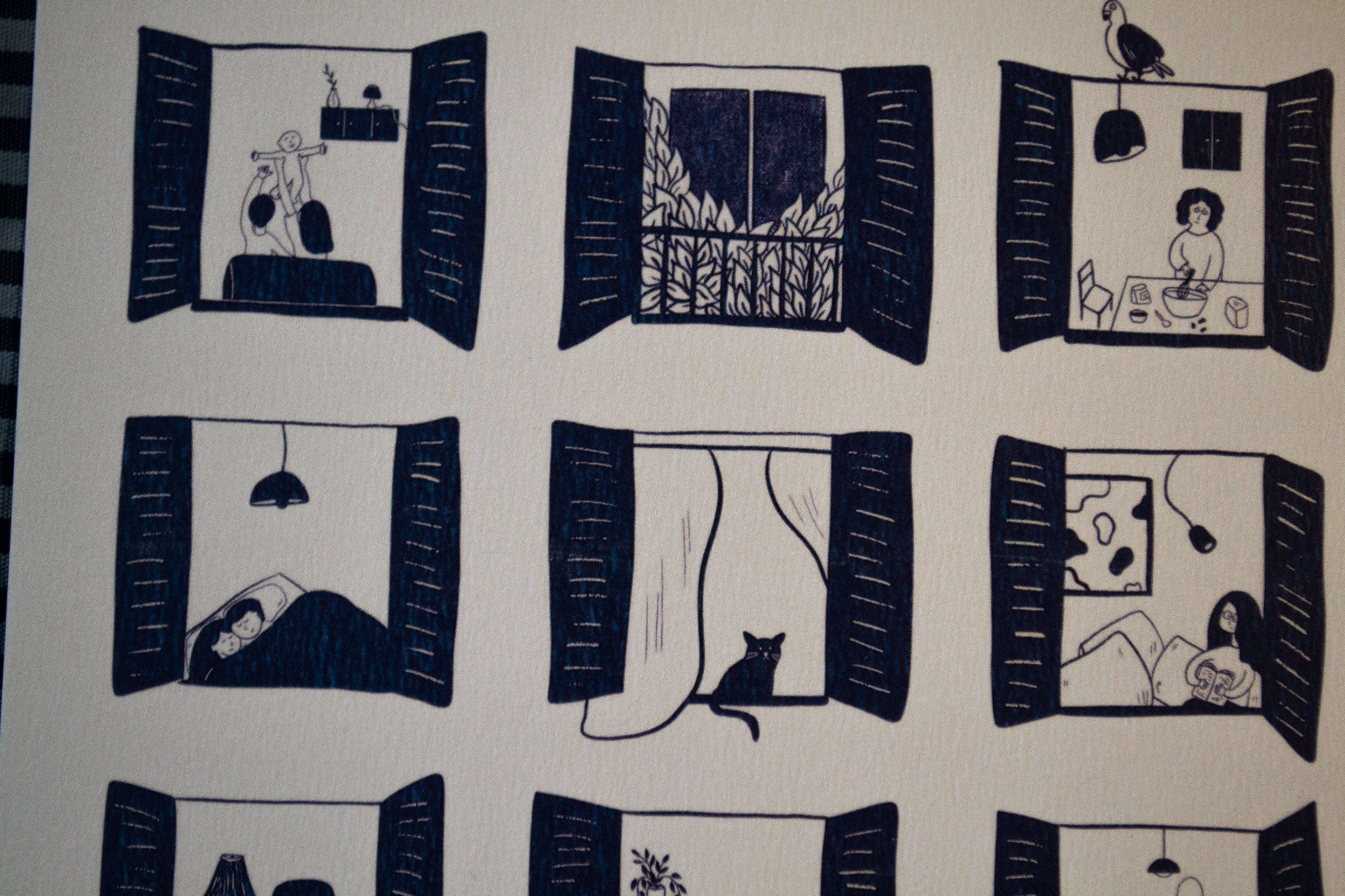 Illustration "À travers les fenêtres" - sous le sable design - grisbleu